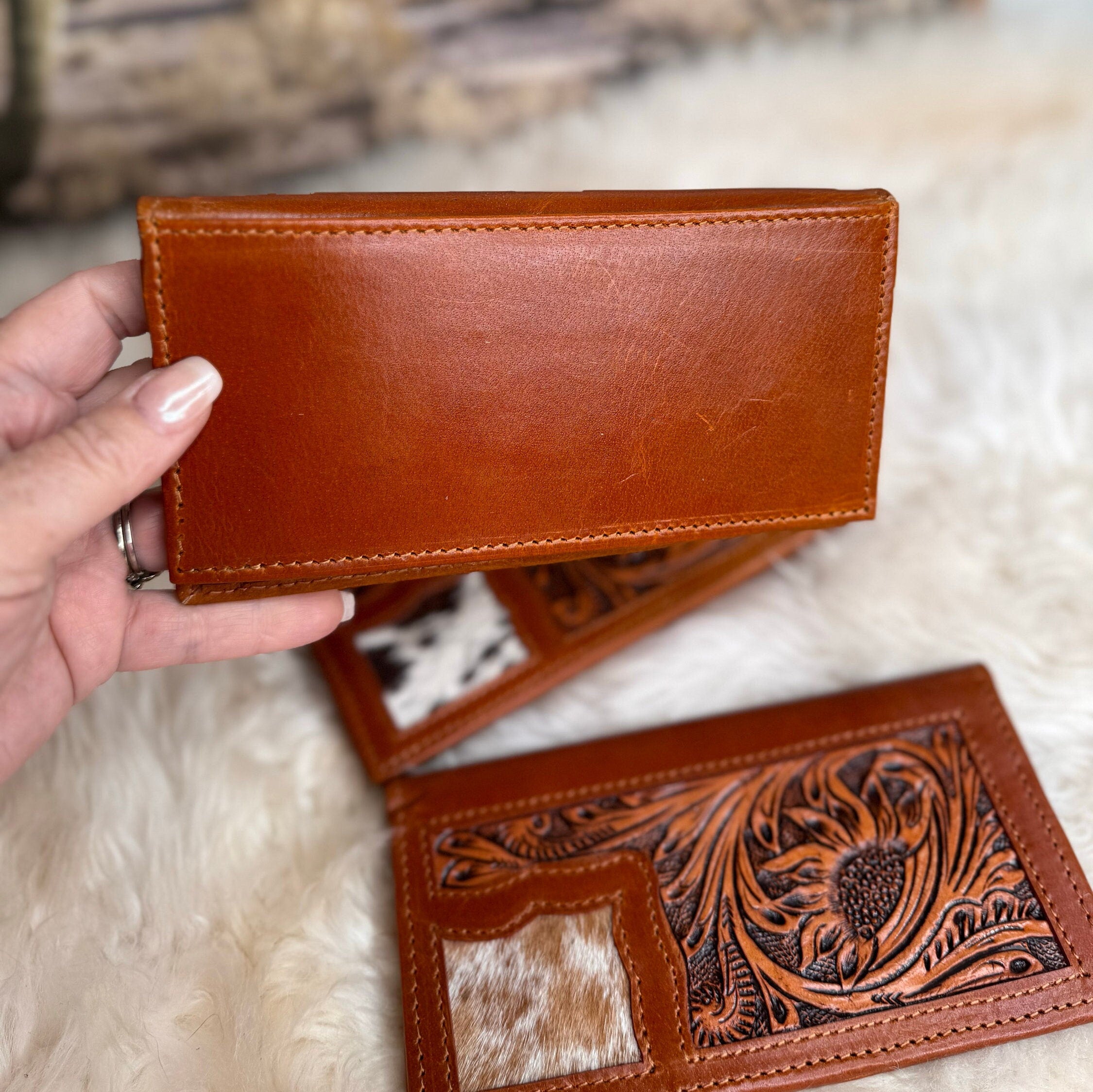 Custom Branded Checkbook style Wallet, Mens or Women's, Western Wallet, Cowhide, Tooled Leather, Gifts for Dad, Farm Brand, Cattle Brand