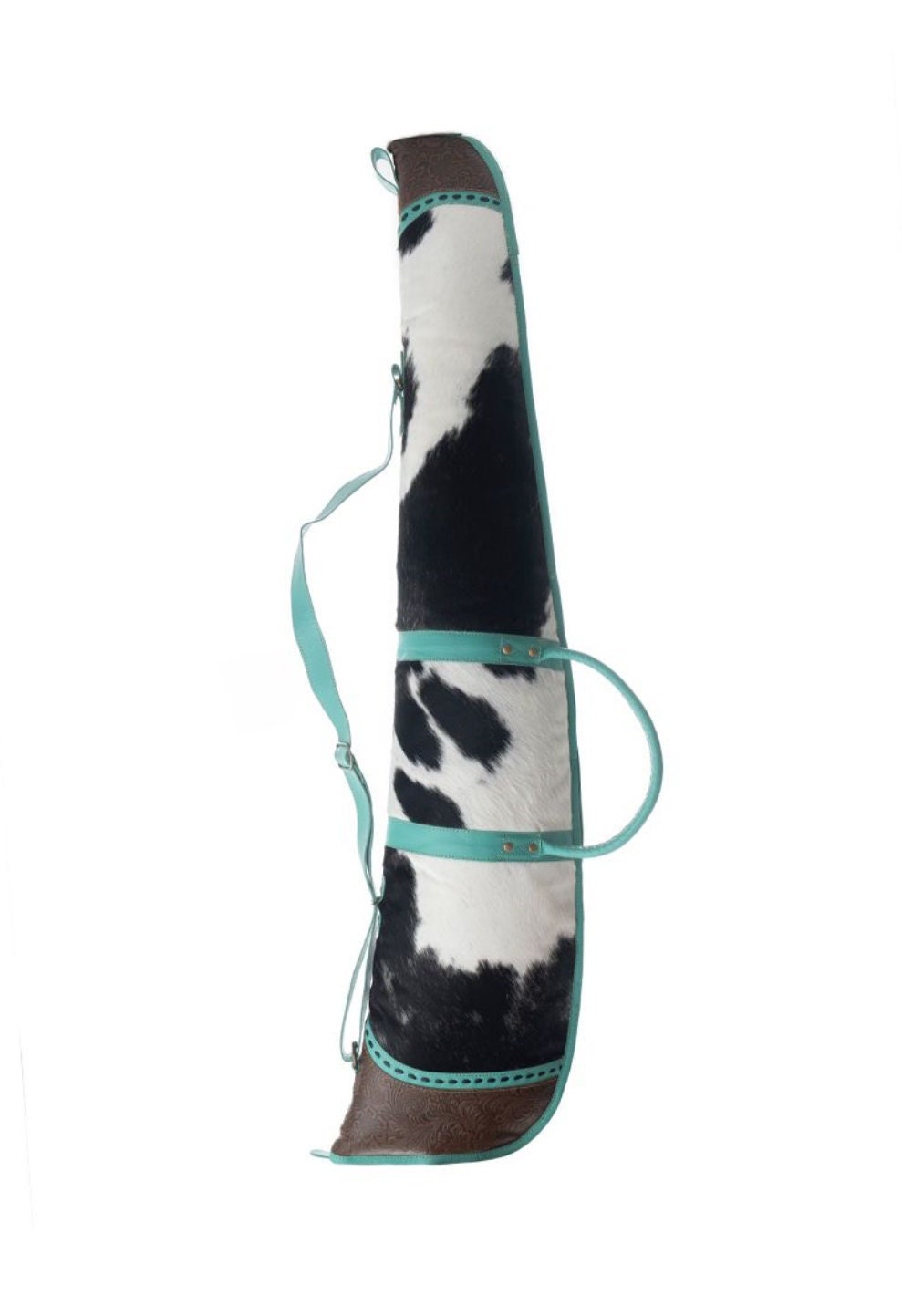 Custom Branded Turquoise Leather & Cowhide Shotgun Rifle padded Case Farm Brand Cow Brand Initials Personalized Men’s Ladies Hunter Gift