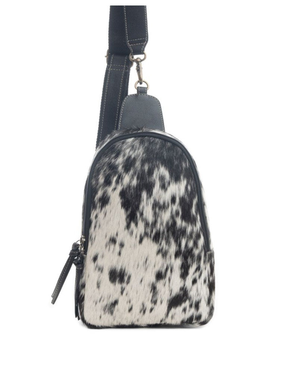 Custom Branded Black and White Cowhide Sling Bag, Crossbody Bag, Small Purse, Western Style, Farm Brand, Name, Initials, Personalized Gift