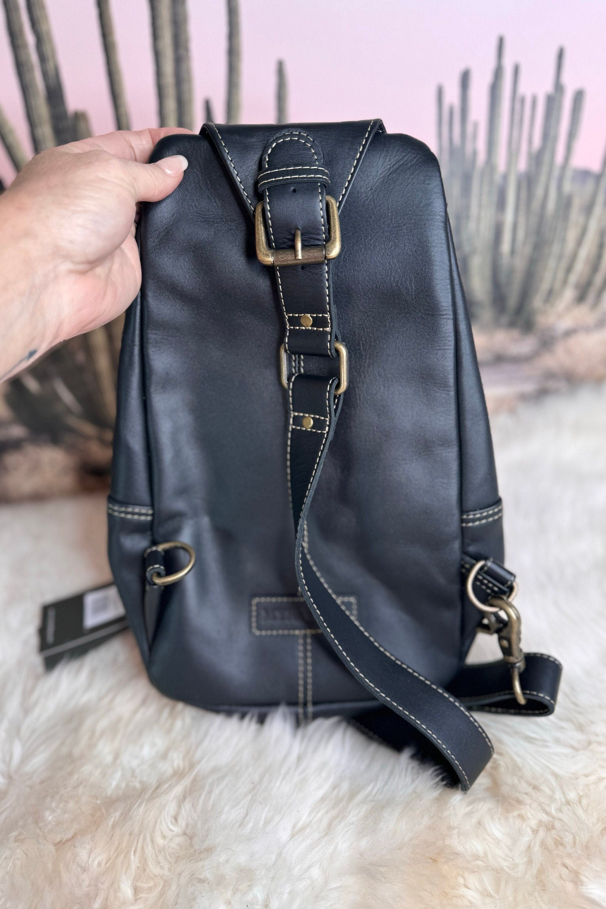 Custom Branded Black and White Cowhide Turquoise Tooled Leather Sling Bag, Crossbody Bag, Farm Brand, Name, Initials, Personalized Gift