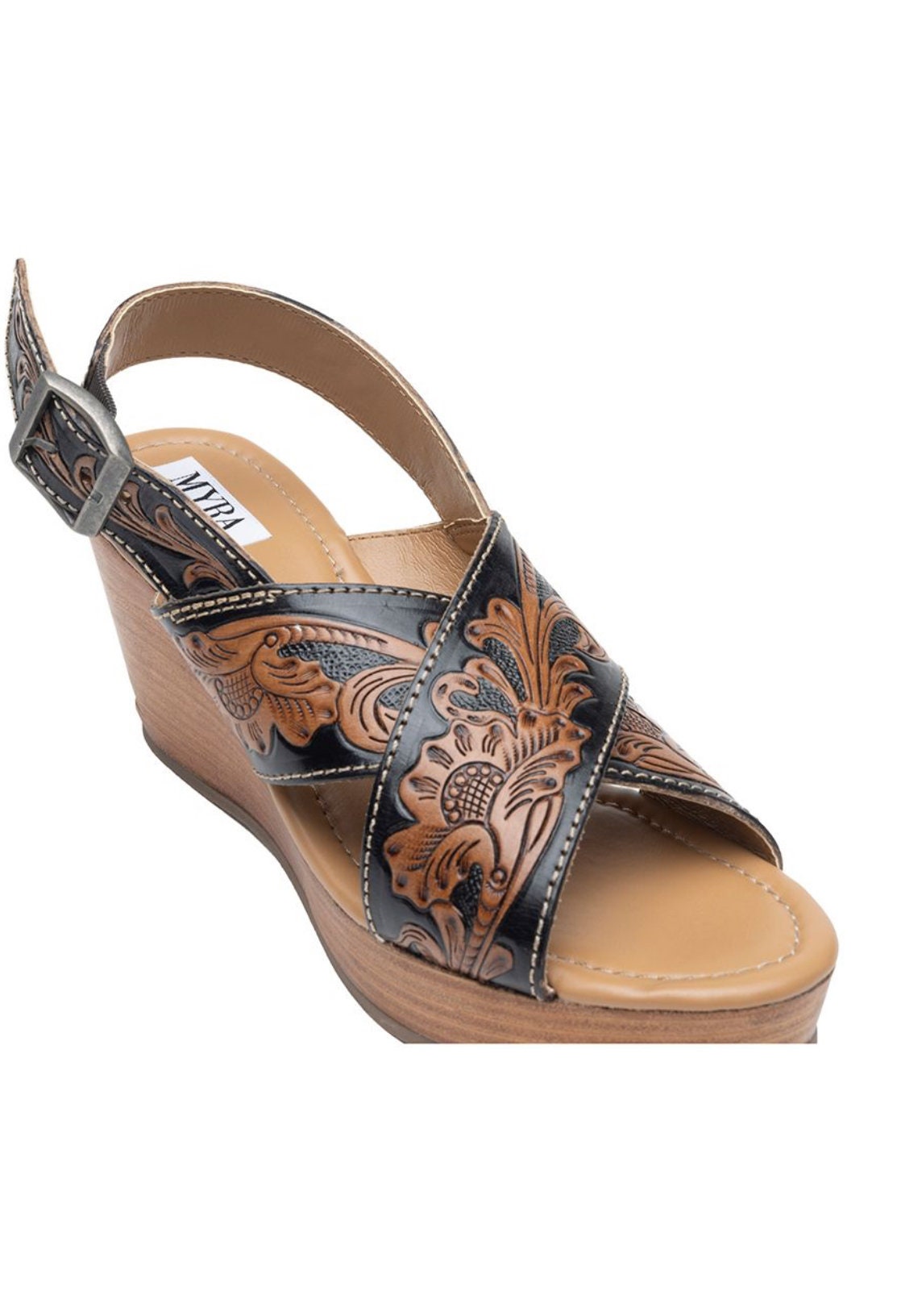 Tooled Leather Wedge sandals, Western sandals, Wedding, Prom Shoes