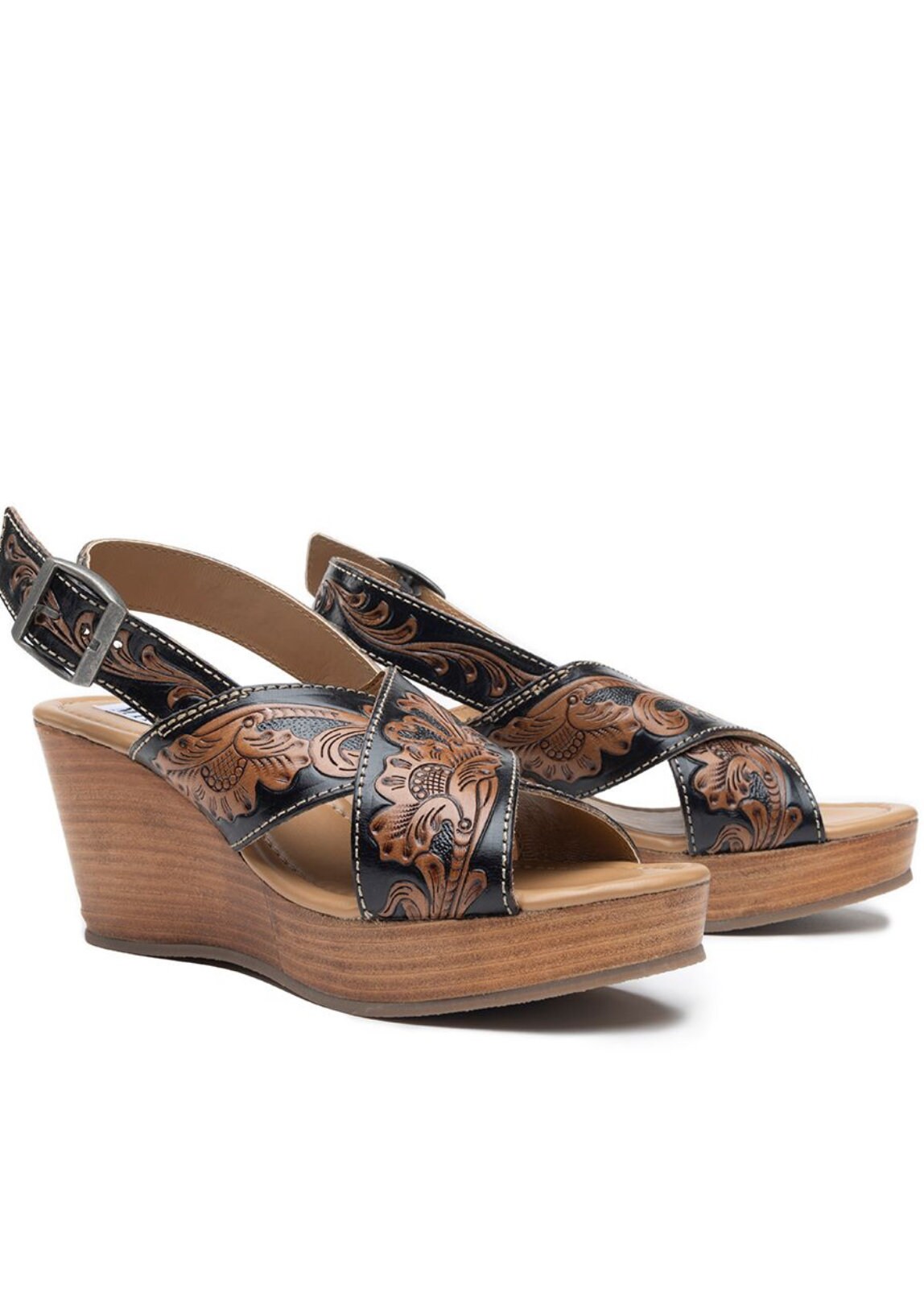 Tooled Leather Wedge sandals, Western sandals, Wedding, Prom Shoes