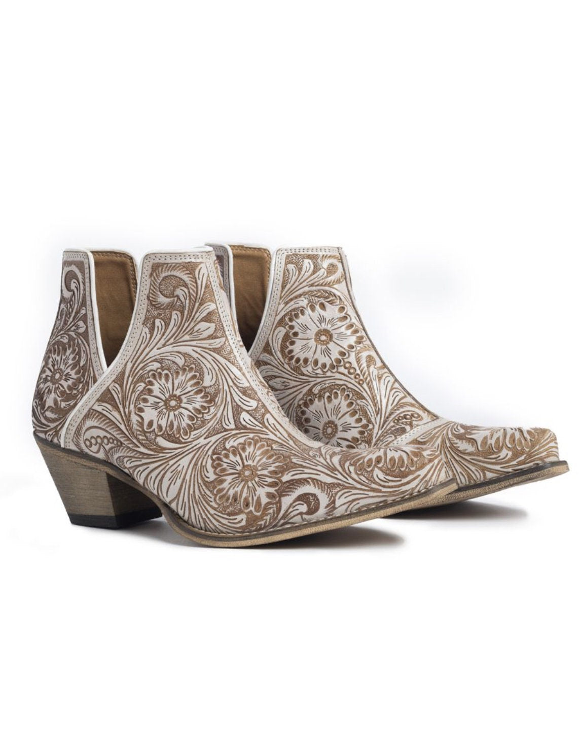 Gorgeous Hand Tooled Leather Bootie Ankle Boots in White Chocolate, Boots, Ankle Boot, Bootie, Slip On Shoe Cowgirl Boots Size 6 7 8 9 10 11