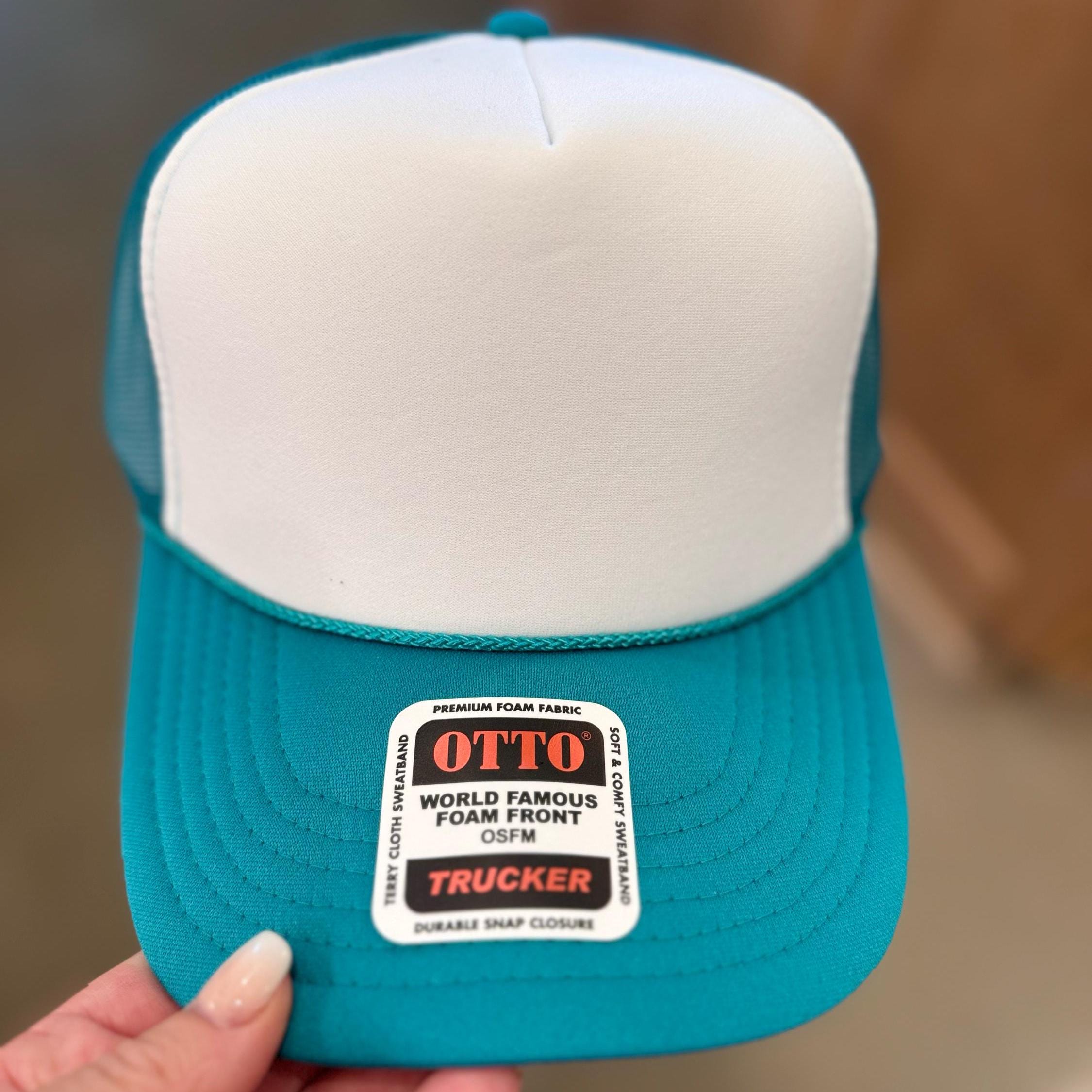 Otto Blank Trucker Hat, DIY Hat for Patches, Teal Turquoise & White Foam Trucker Hat, Mesh Back, Snap Back Hat Cap