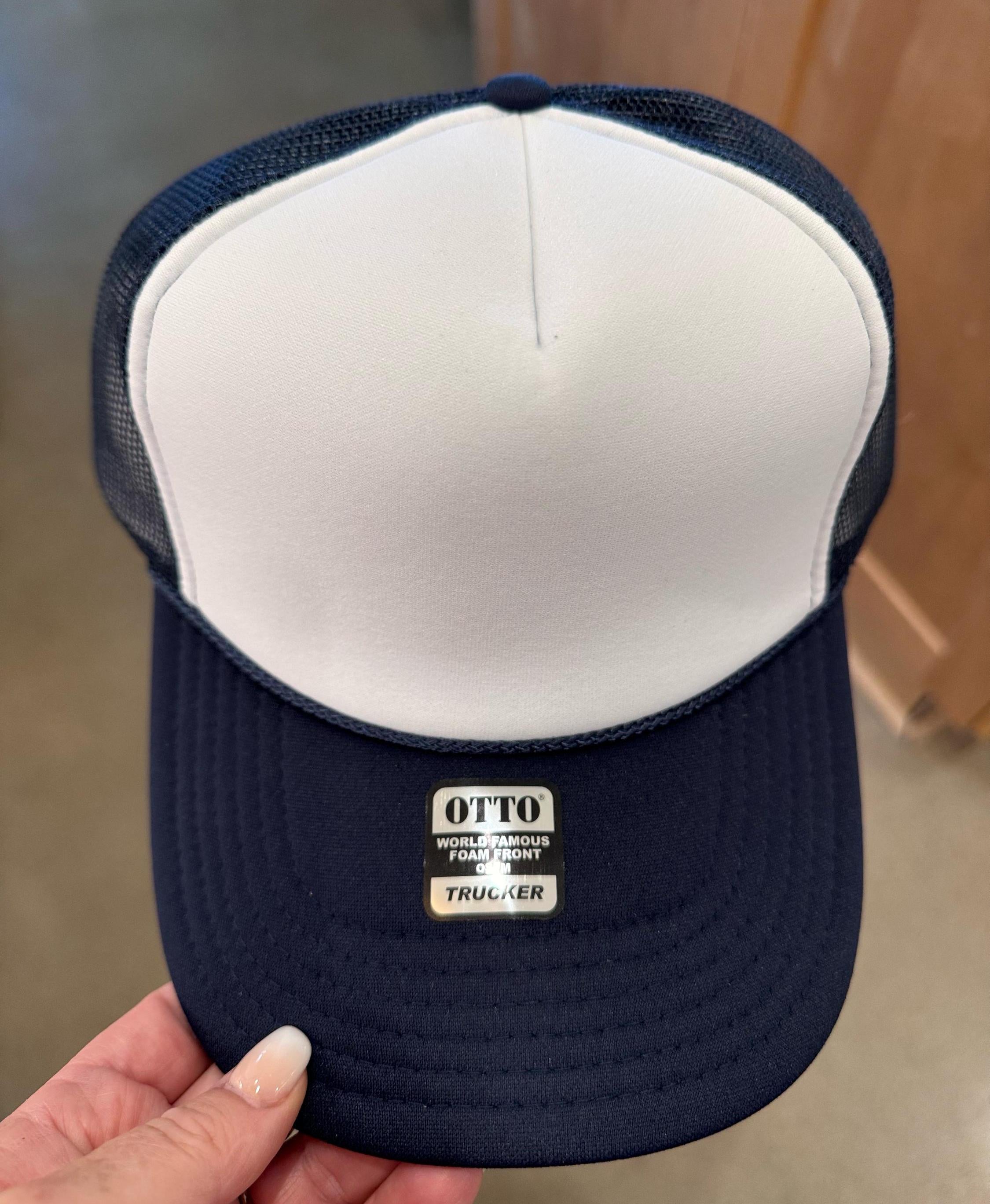 Otto Blank Trucker Hat, DIY Hat for Patches, Navy & White Foam Trucker Hat, Mesh Back, Snap Back Hat Cap 5 Panel Hat