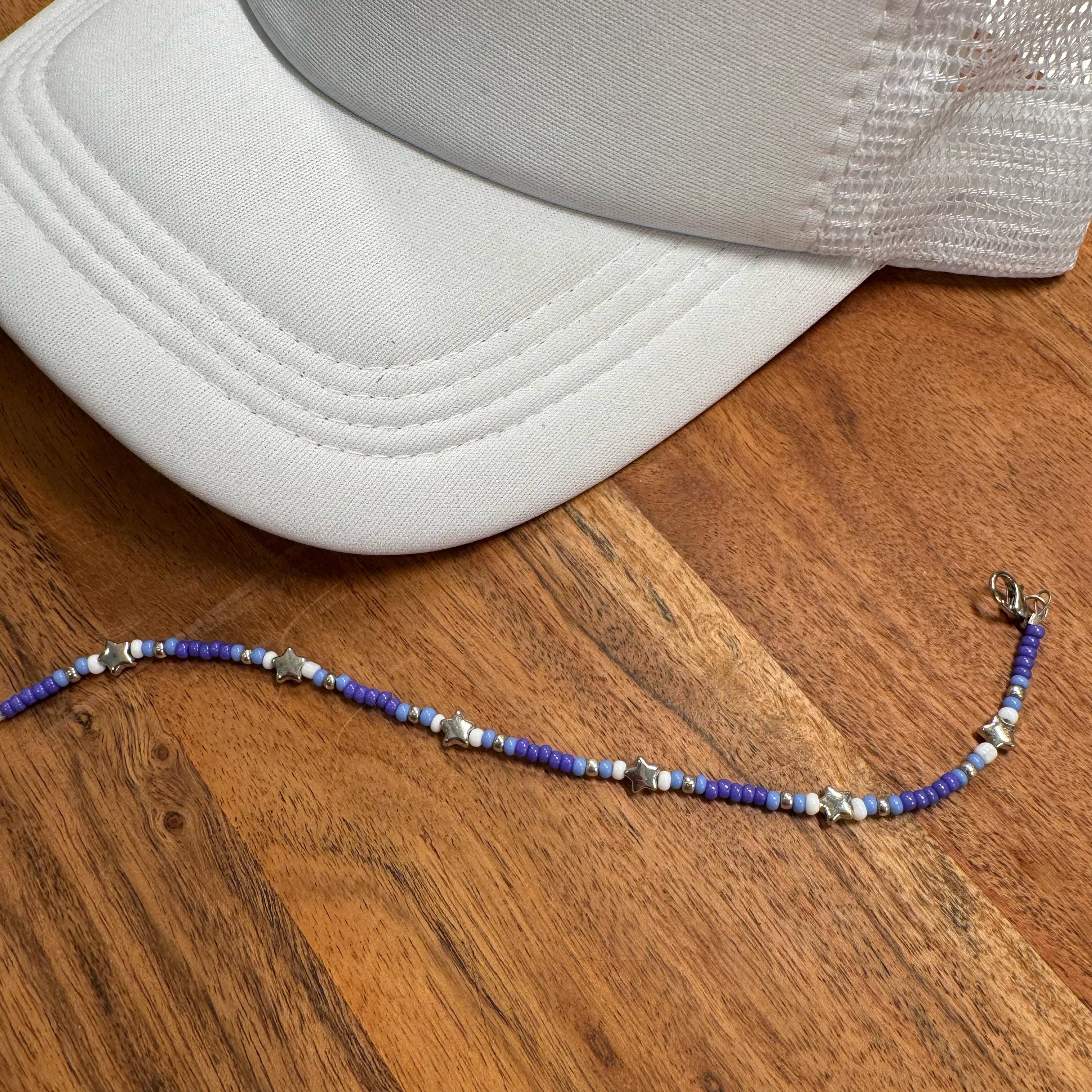 Purple White & Silver Stars Seed Bead Trucker Hat Chain Purple Hat Chain Western Trucker Hat Chain Decorate Your Own Trucker Hat