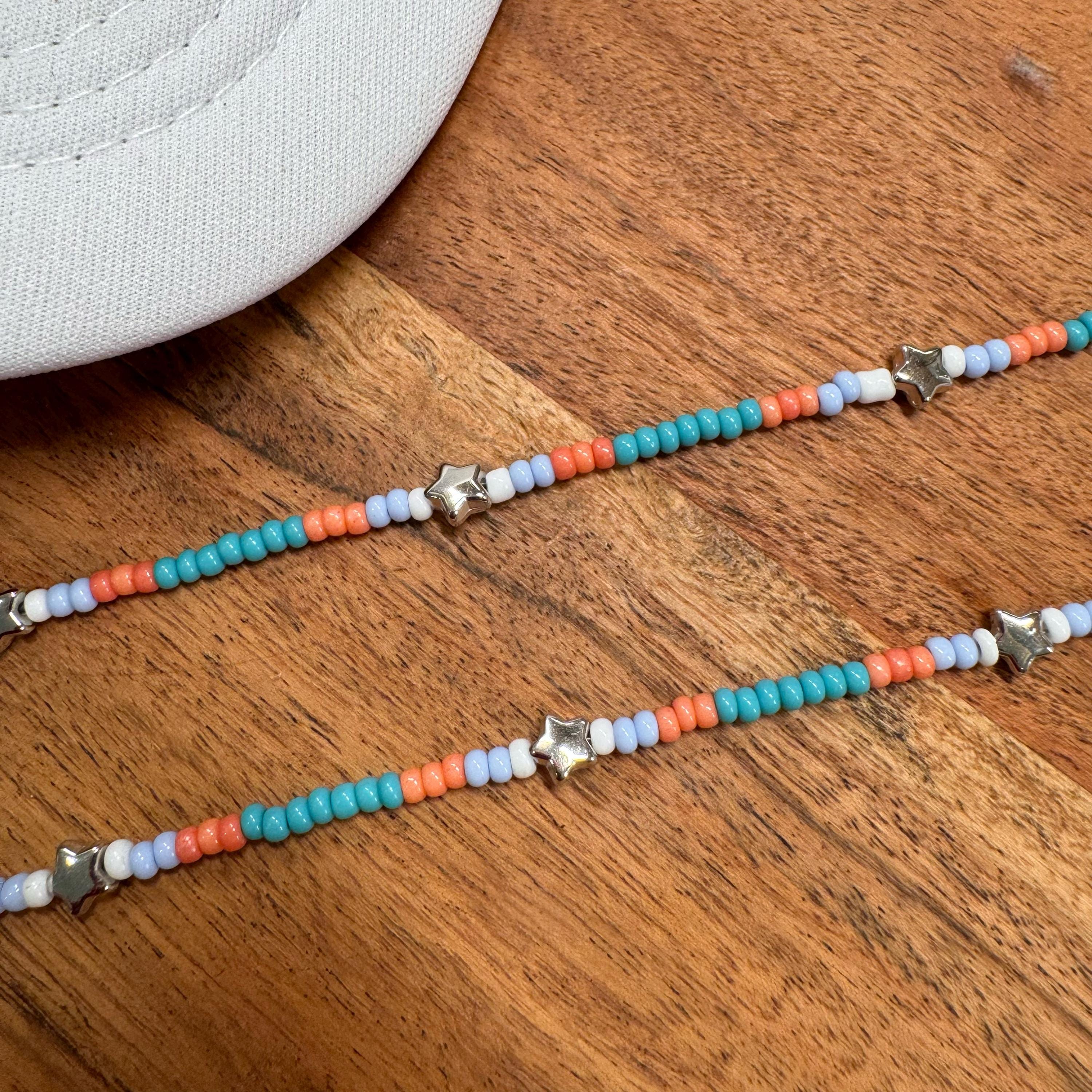 Coral & Turquoise with Silver Stars Seed Bead Trucker Hat Chain Pink Hat Chain Western Trucker Hat Chain Decorate Your Own Trucker Hat