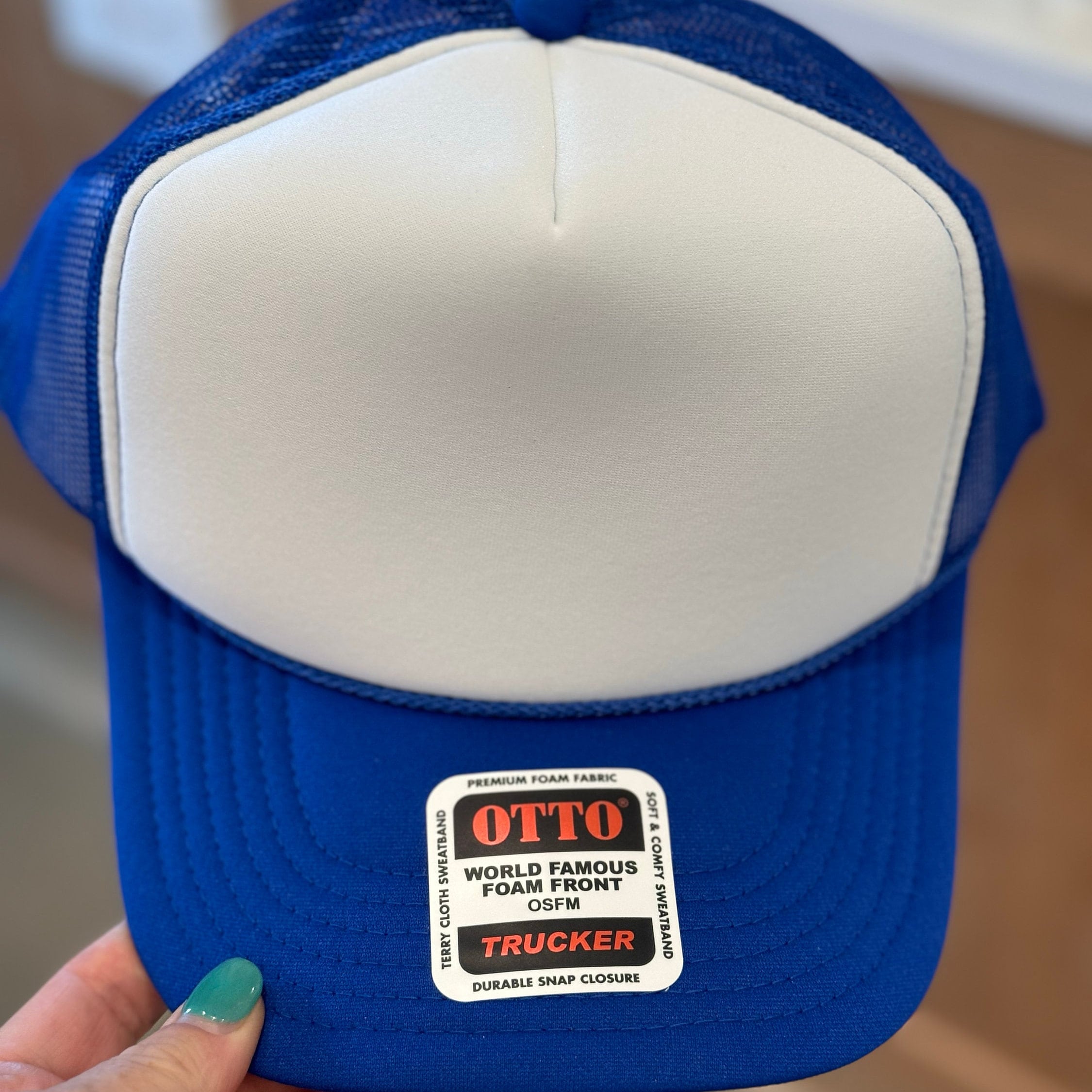 Otto Blank Trucker Hat, DIY Hat for Patches, Royal Blue & White Foam Trucker Hat, Mesh Back, Snap Back Hat Cap