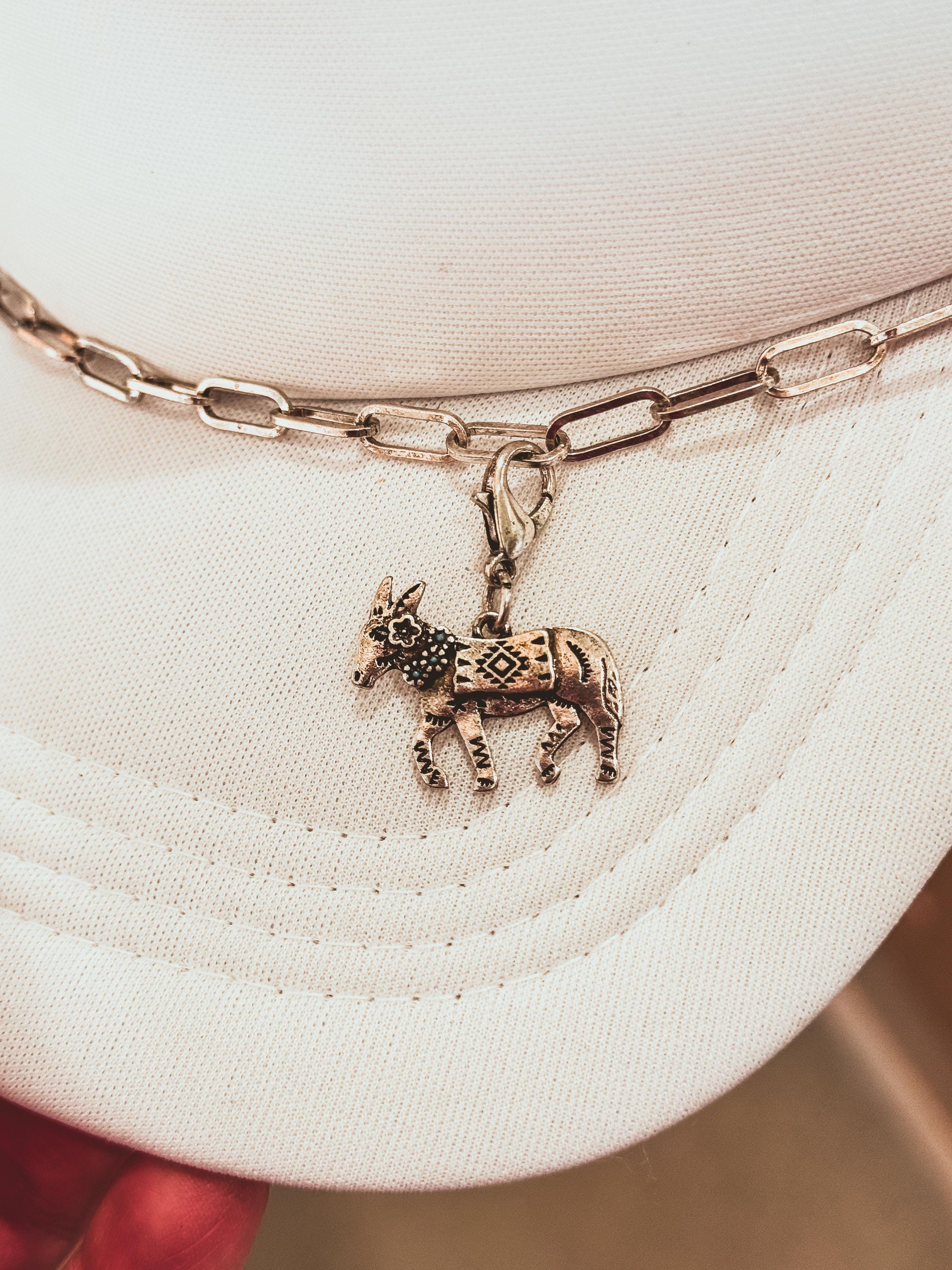 Burro Donkey with Flowers Silver Hat Chain Charm Western Trucker Hat, Chain Decorate Your Own Trucker Hat
