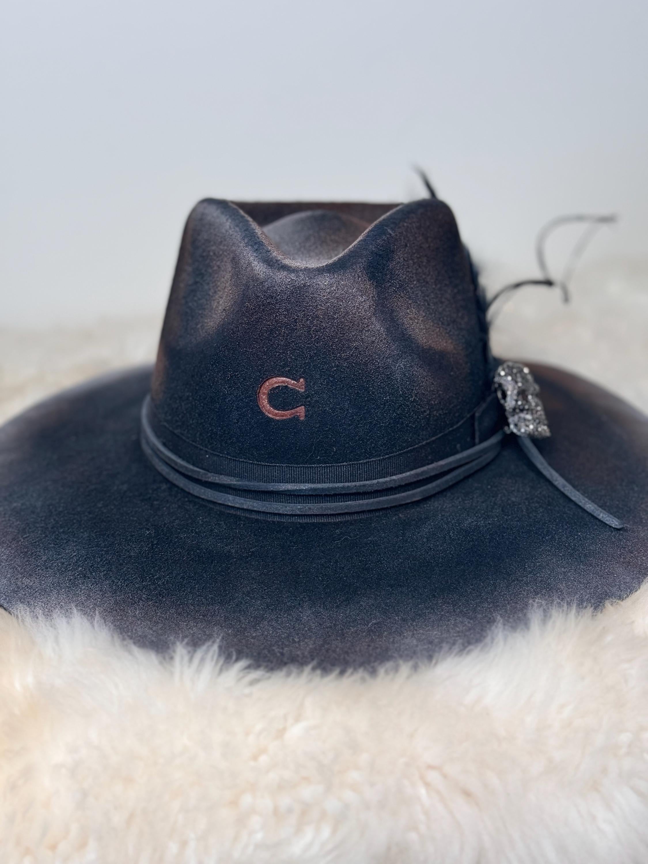 Custom Cowboy Hat "Dead End Highway" Fedora Style Cowgirl Hat Rhinestone Skull, Blacked Out Feathers & Accessories, Halloween Hat Goth