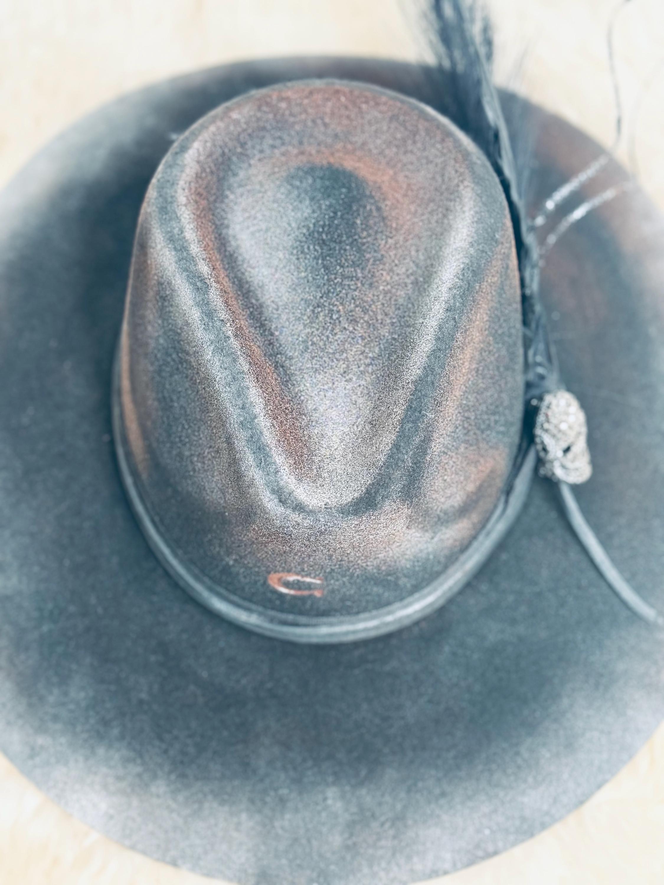 Custom Cowboy Hat "Dead End Highway" Fedora Style Cowgirl Hat Rhinestone Skull, Blacked Out Feathers & Accessories, Halloween Hat Goth