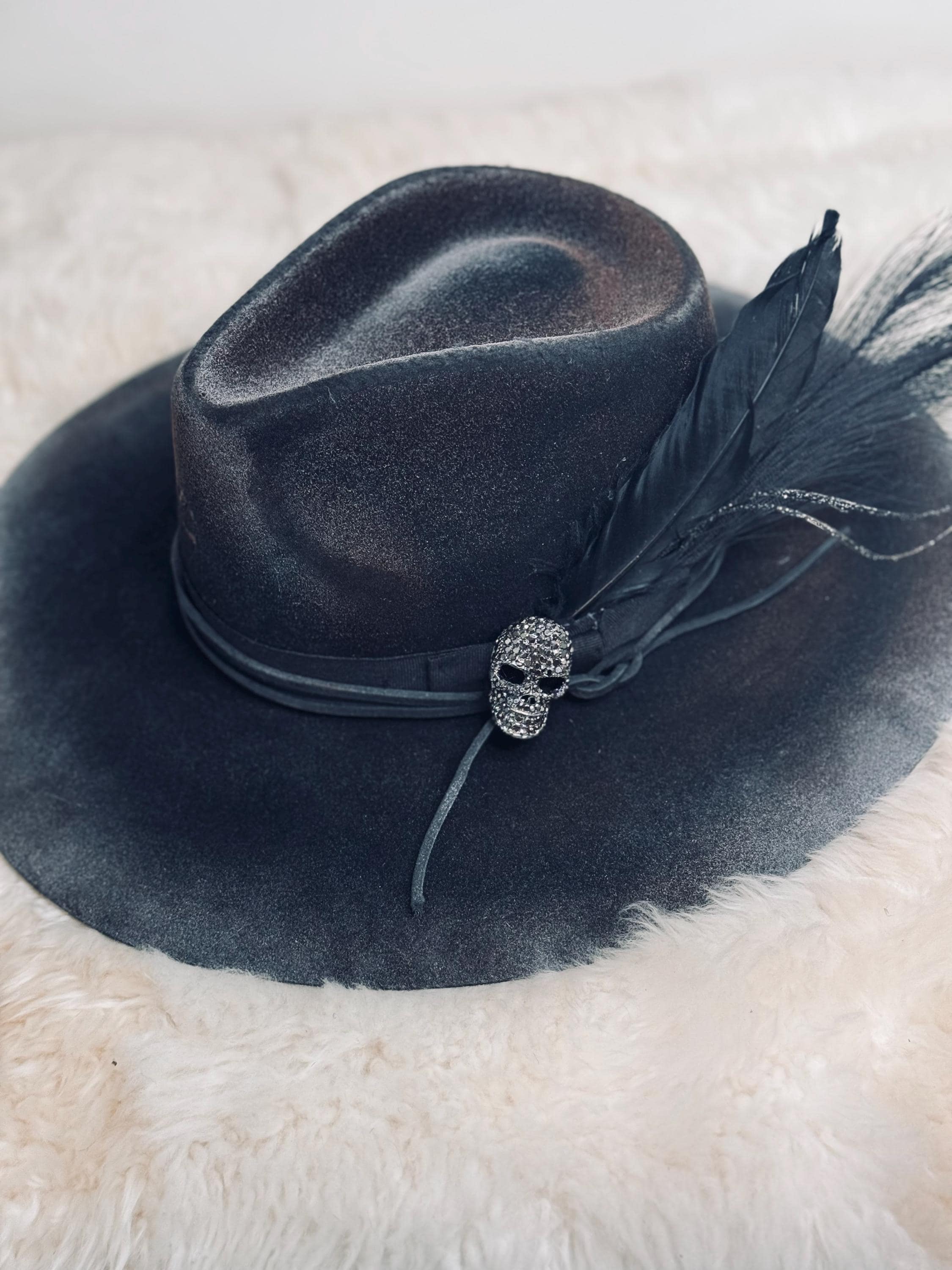 Custom Cowboy Hat "Dead End Highway" Fedora Style Cowgirl Hat Rhinestone Skull, Blacked Out Feathers & Accessories, Halloween Hat Goth
