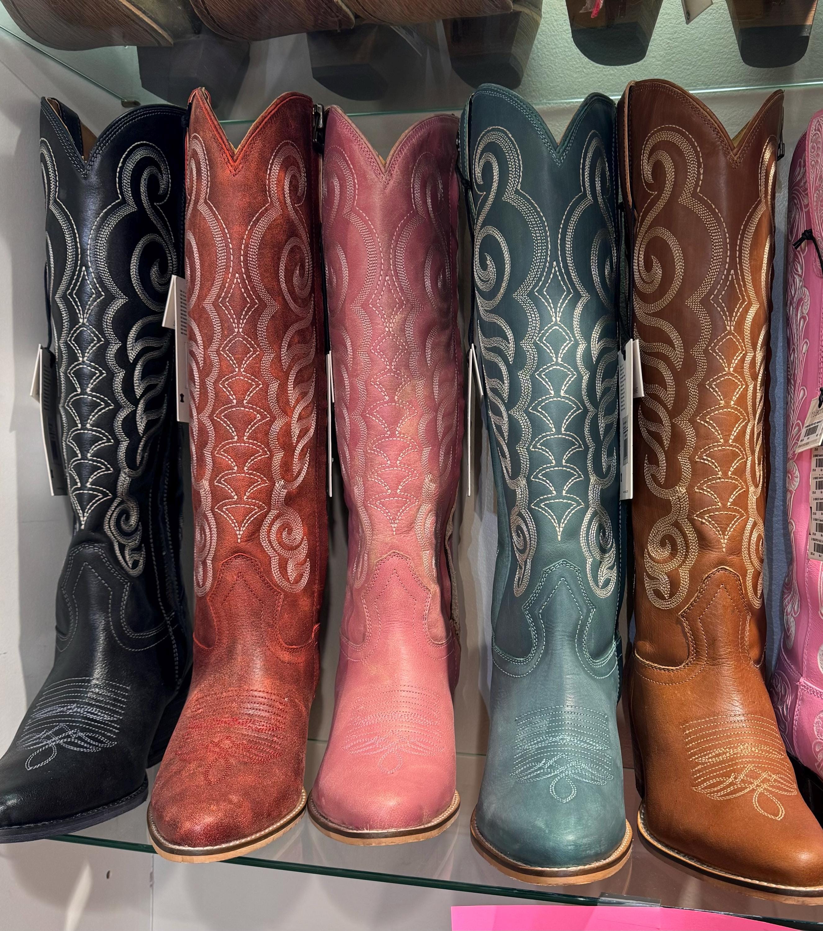 Traditional Western Flame stitched Leather Boots Black Red Turquoise Brown & Pink Cowgirl Boots