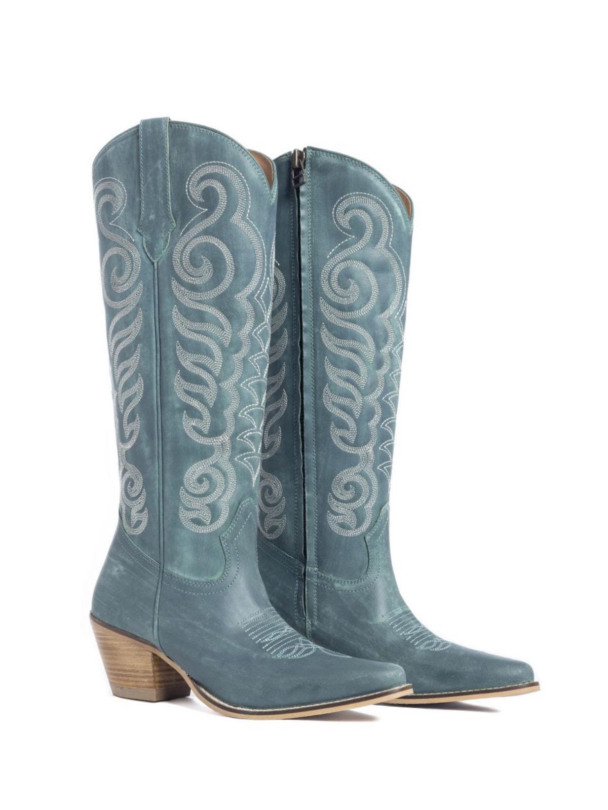 Traditional Western Flame stitched Leather Boots Black Red Turquoise Brown & Pink Cowgirl Boots