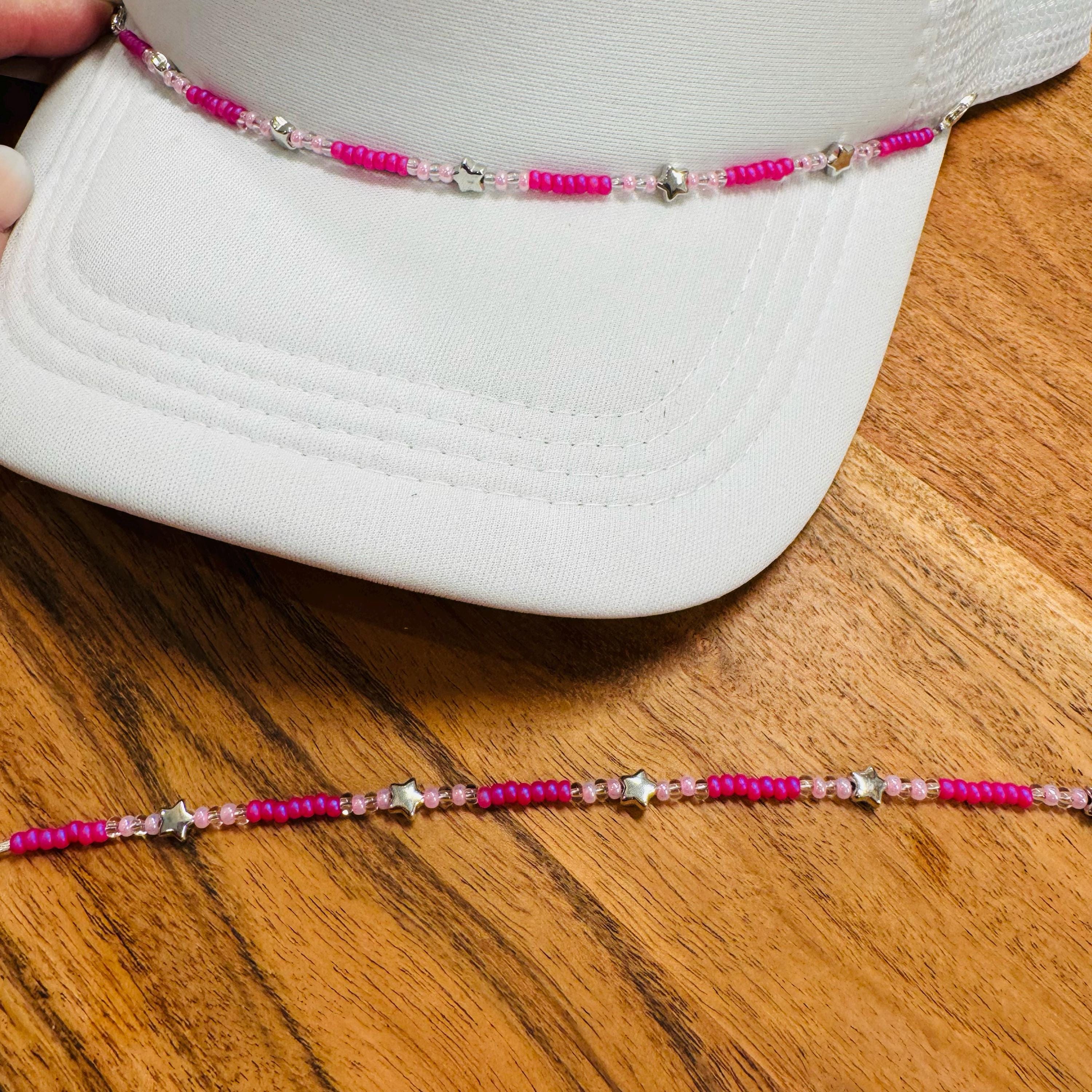 Pink White & Silver Stars Seed Bead Trucker Hat Chain Pink Hat Chain Western Trucker Hat Chain Decorate Your Own Trucker Hat