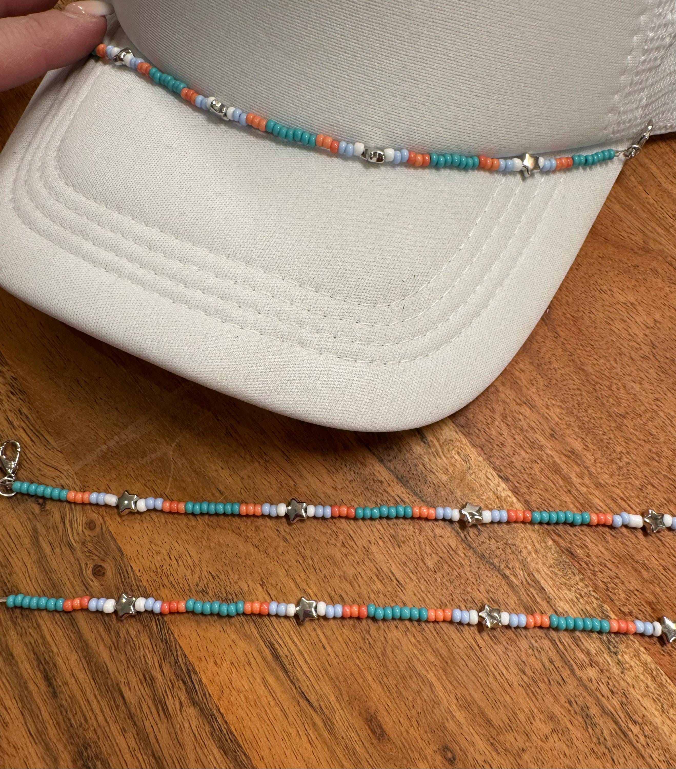 Coral & Turquoise with Silver Stars Seed Bead Trucker Hat Chain Pink Hat Chain Western Trucker Hat Chain Decorate Your Own Trucker Hat