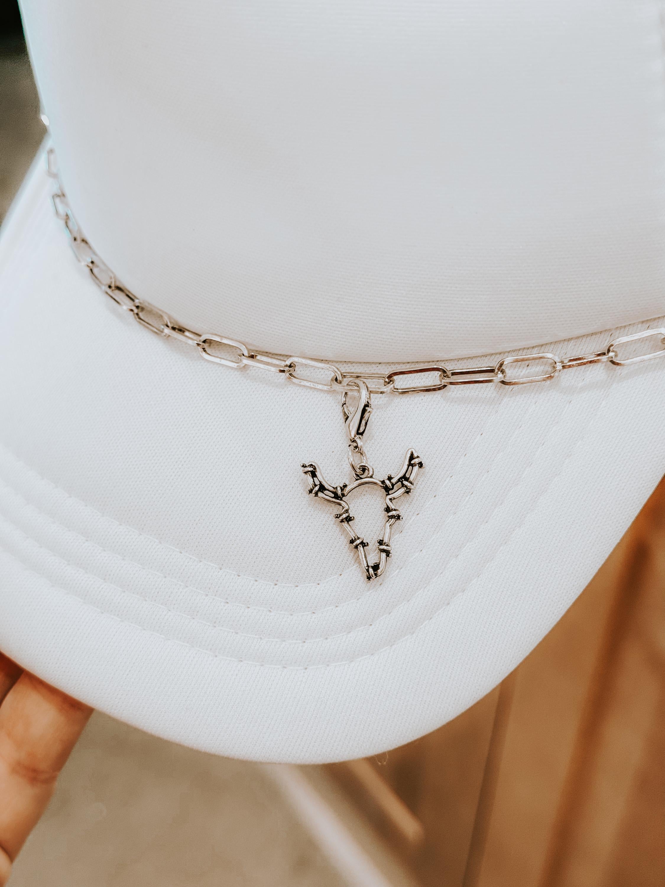 Silver Barbed Wire Cow Skull Hat Chain Charm Western Trucker Hat, Chain Decorate Your Own Trucker Hat