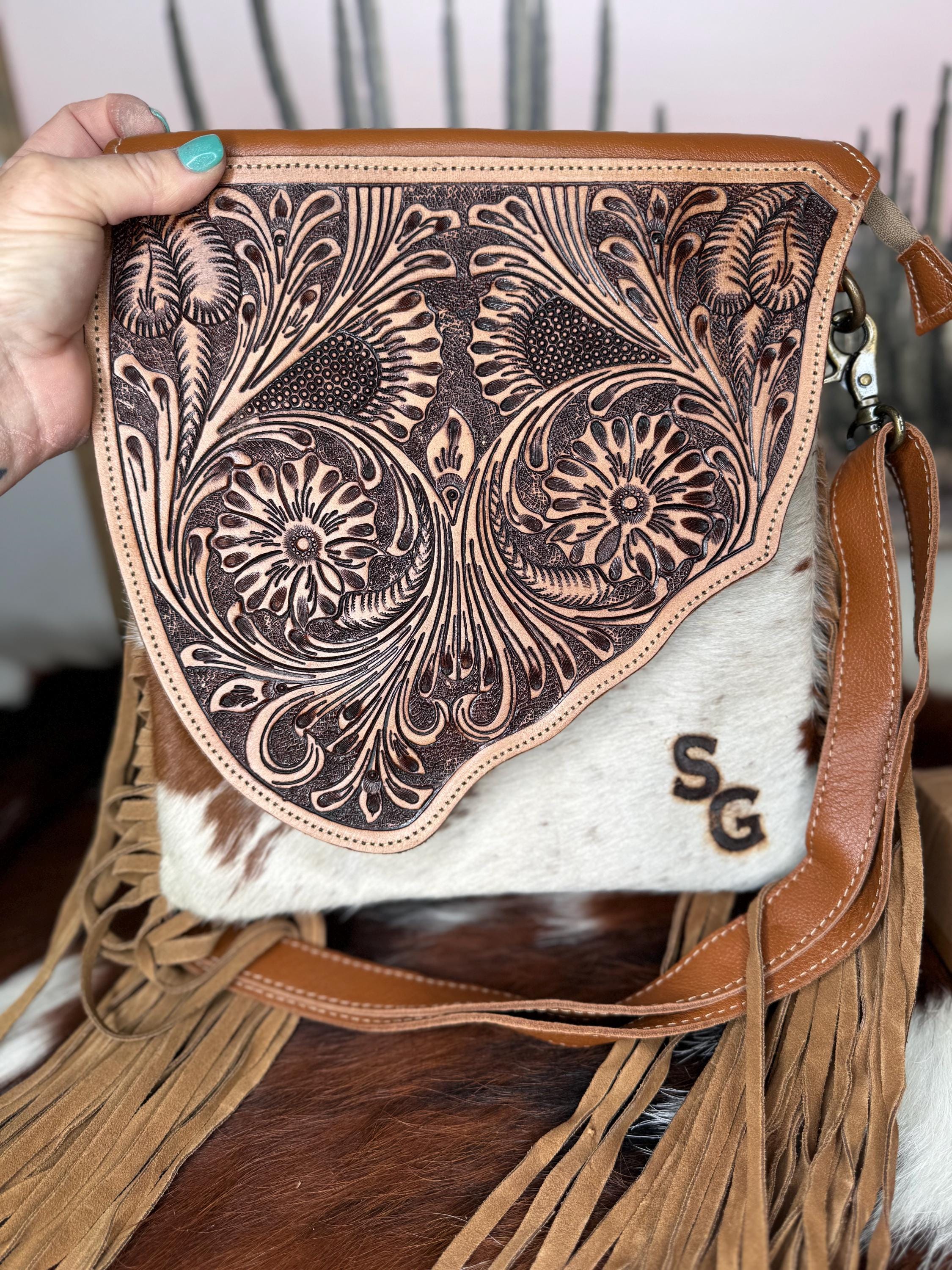 Custom Branded Cowhide tooled Leather Western Turquoise Round Crossbody Purse Initials Monogram Farm or Cow Brand