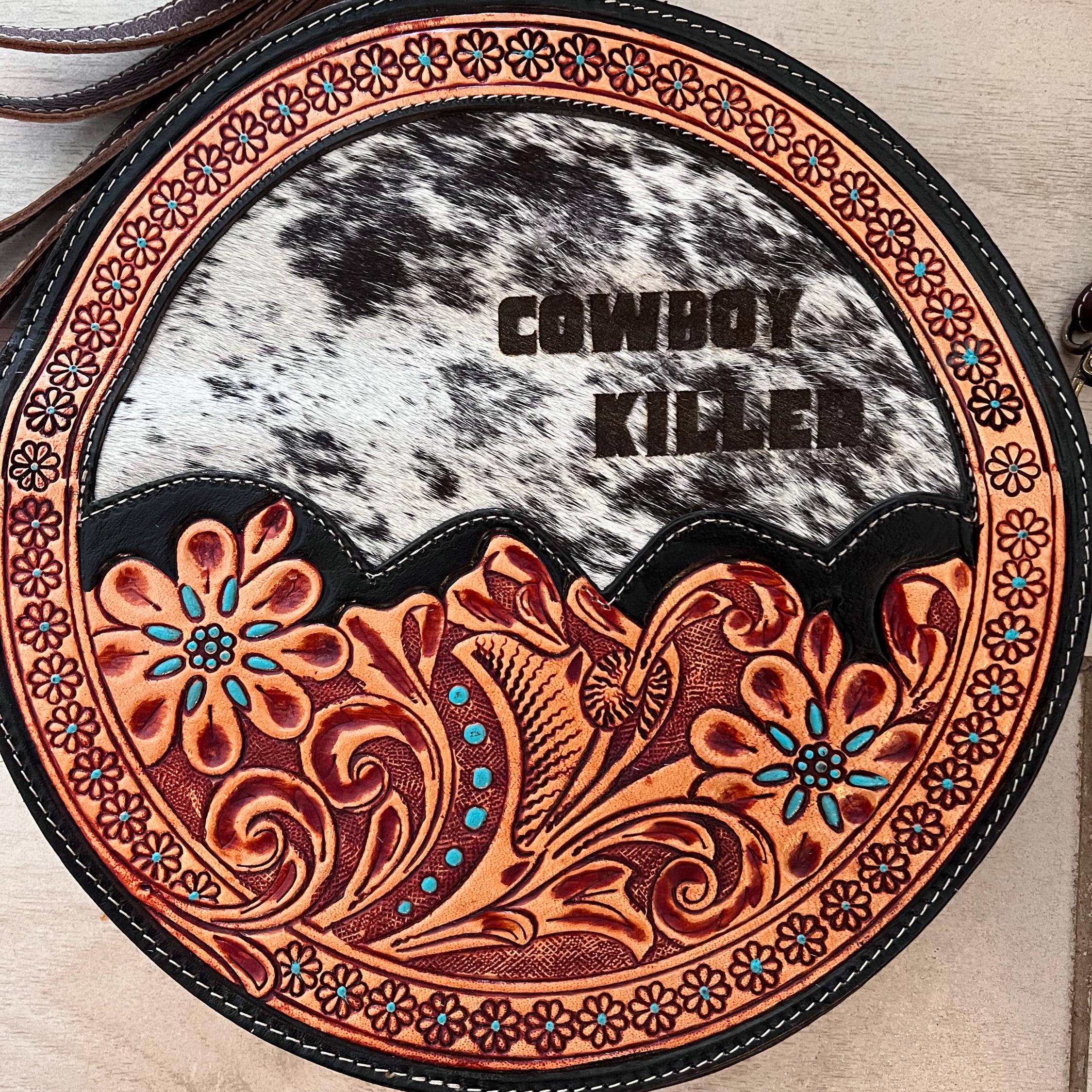 Customizable Cowhide tooled Leather Western Round Crossbody Purse Initials Monogram Farm or Cow Brand Canteen Purse Tooled Leather Bag