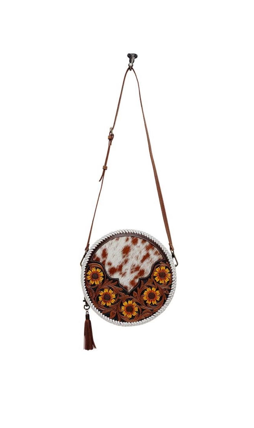 Custom Branded Cowhide tooled Leather Western Daisy with white whipstitch Round Crossbody Purse Initials Monogram Farm or Cow Brand