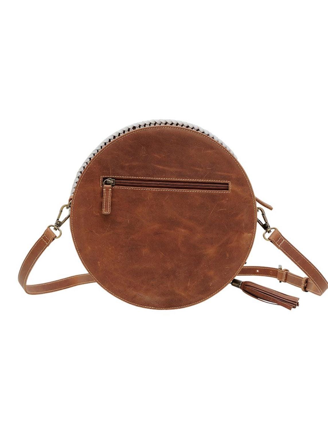 Custom Branded Cowhide tooled Leather Western Daisy with white whipstitch Round Crossbody Purse Initials Monogram Farm or Cow Brand