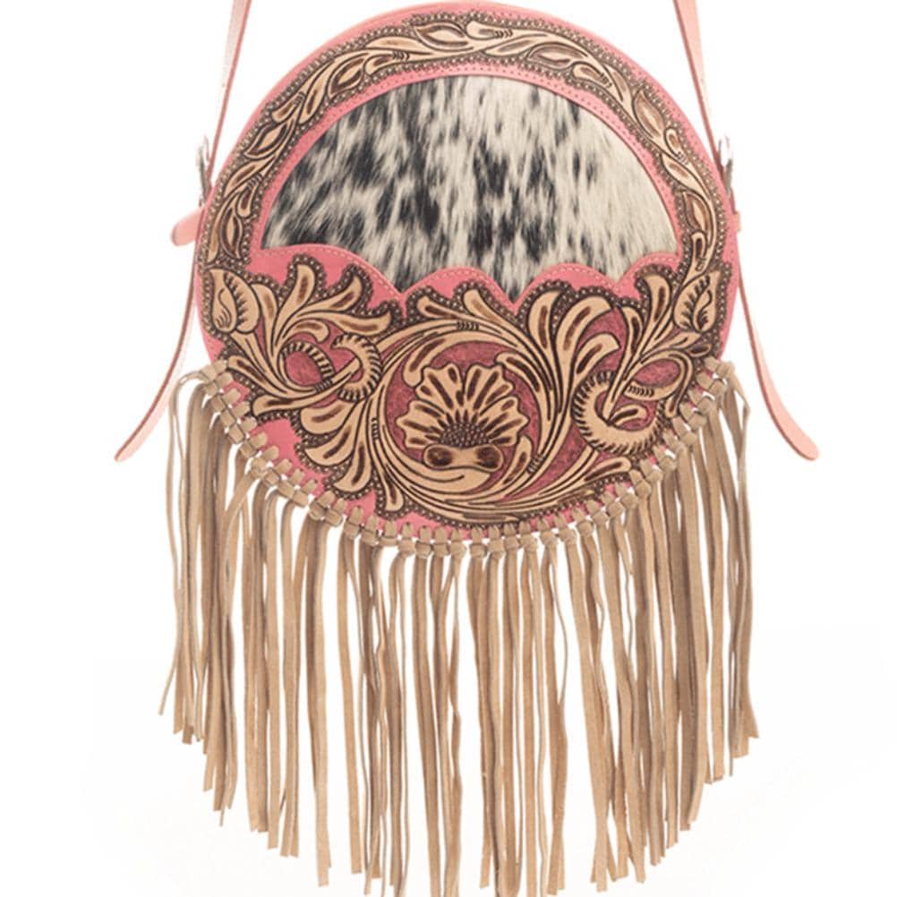 Custom Branded Cowhide & Pink Tooled Leather Western Round Canteen Style Crossbody Purse We add your farm brand, initials or logo!