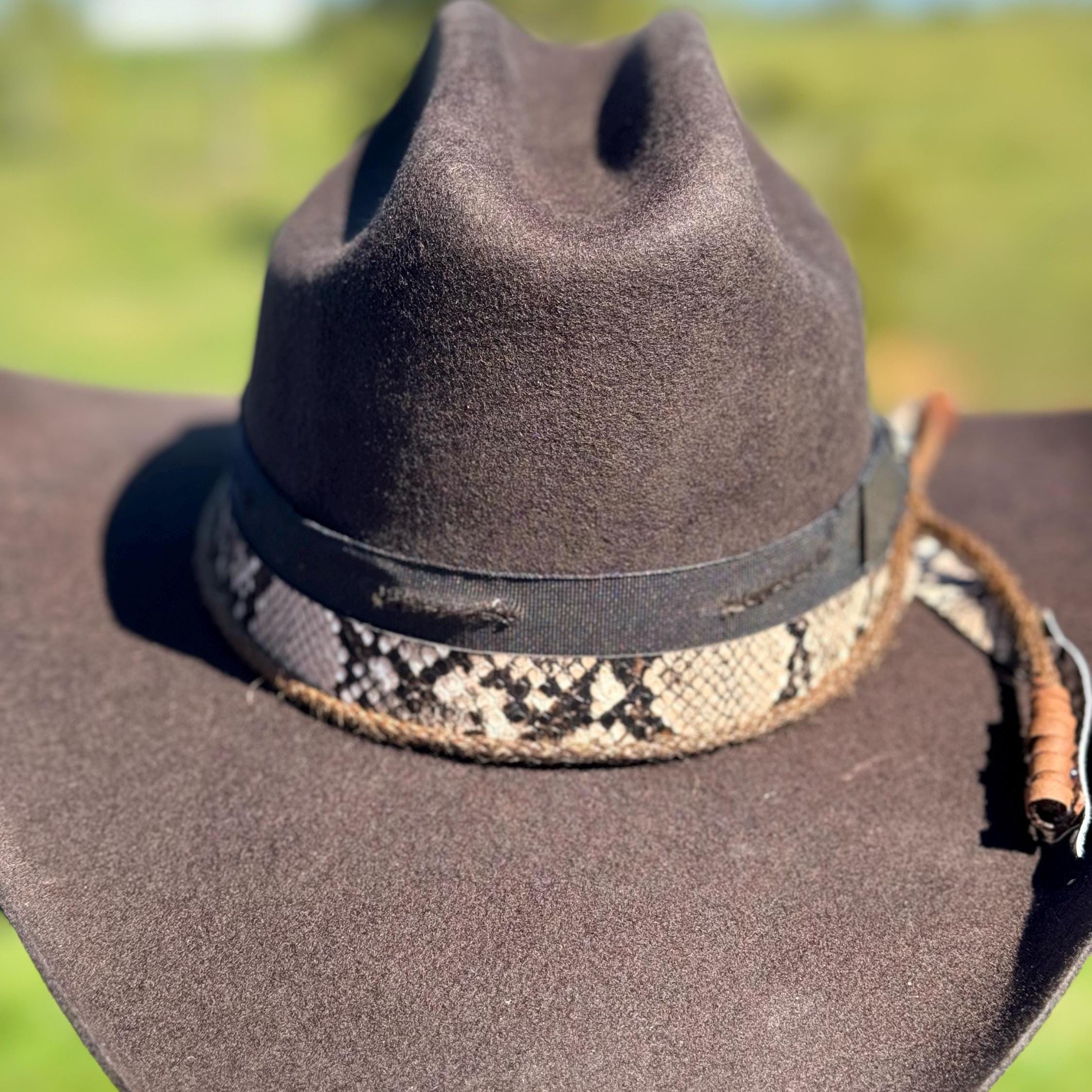 Western Cattleman style Premium Wool Hat in Chocolate Leather cording with Snakeskin Hat Band Decorated Cowboy Hat Cowgirl Hat
