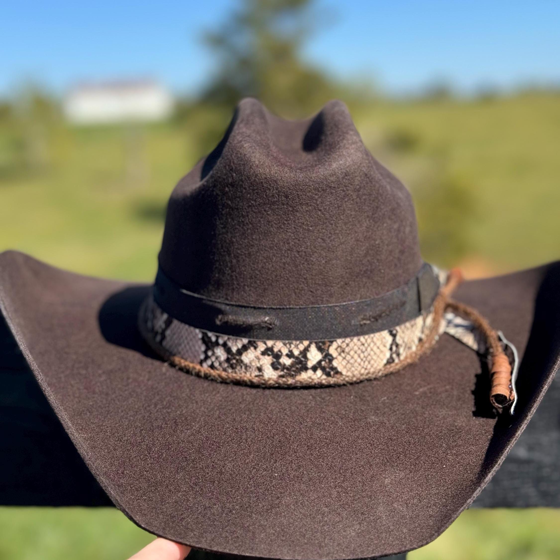 Western Cattleman style Premium Wool Hat in Chocolate Leather cording with Snakeskin Hat Band Decorated Cowboy Hat Cowgirl Hat