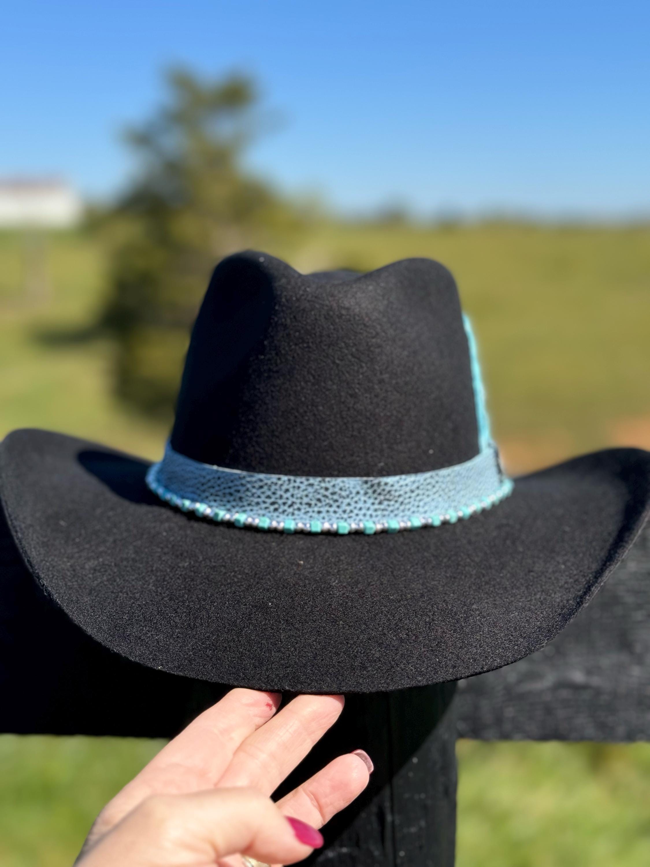 Western Fedora style Premium Wool Hat in Black with Turquoise & Silver Bead and Leather Hat Band Painted Leather Feather Cowgirl Hat