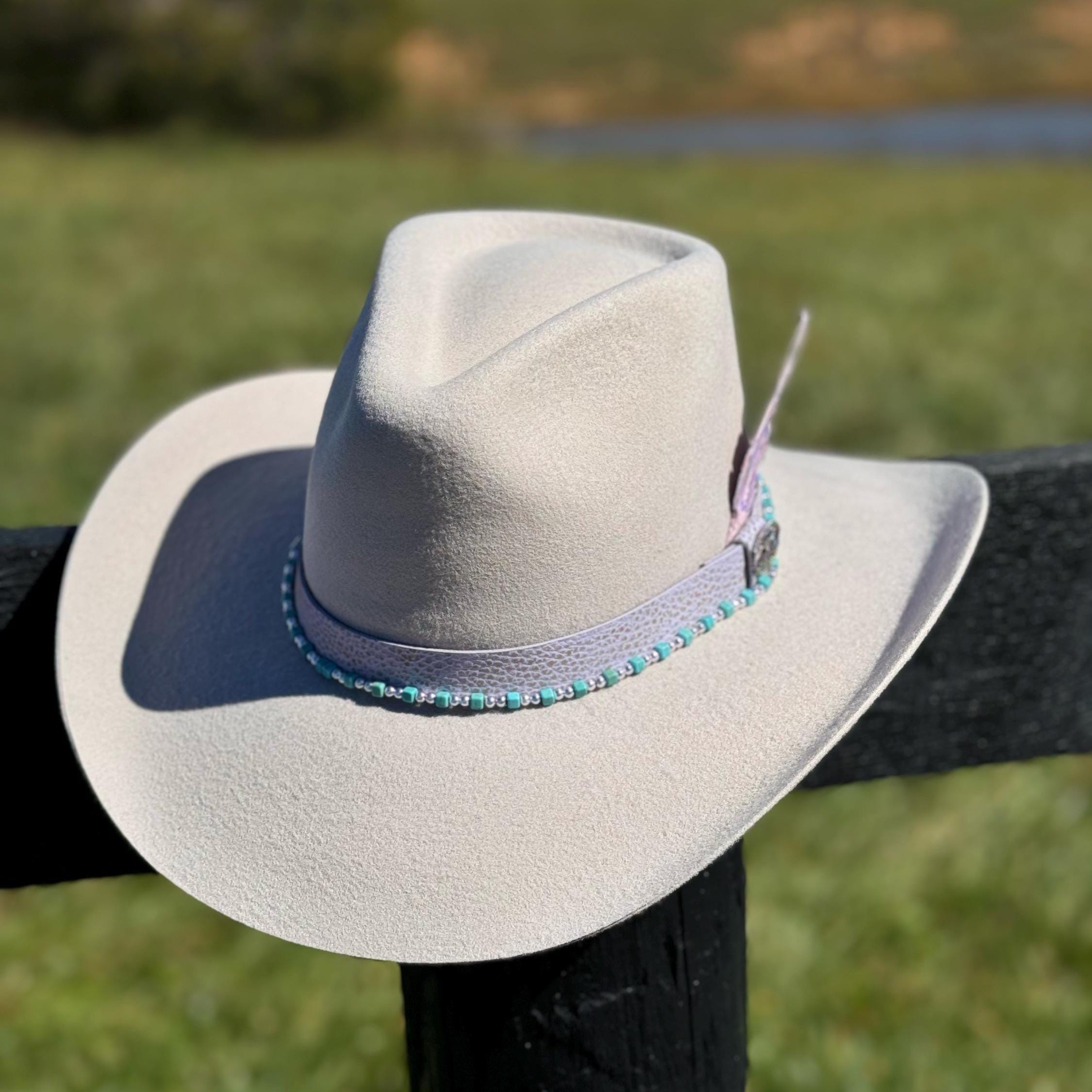 Western Fedora style Premium Wool Hat in Lavender/Purple with Turquoise & Silver Bead and Leather Hat Band Painted Leather Feather Cowgirl