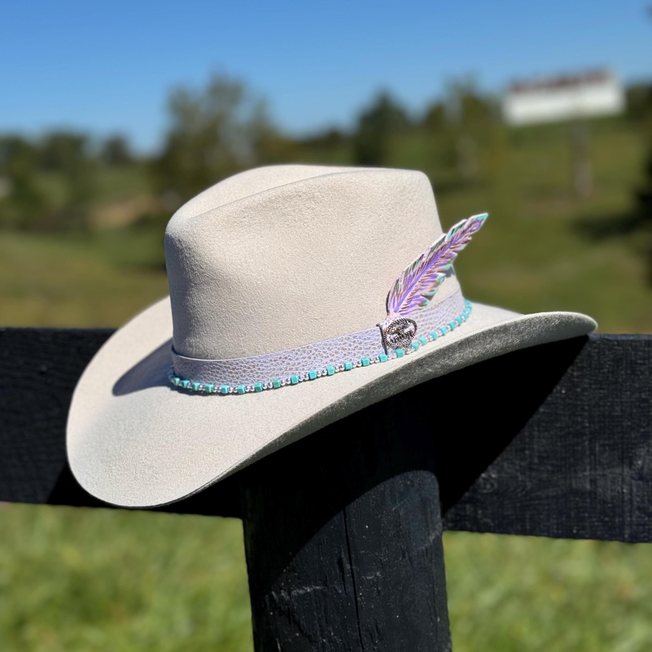 Western Fedora style Premium Wool Hat in Lavender/Purple with Turquoise & Silver Bead and Leather Hat Band Painted Leather Feather Cowgirl