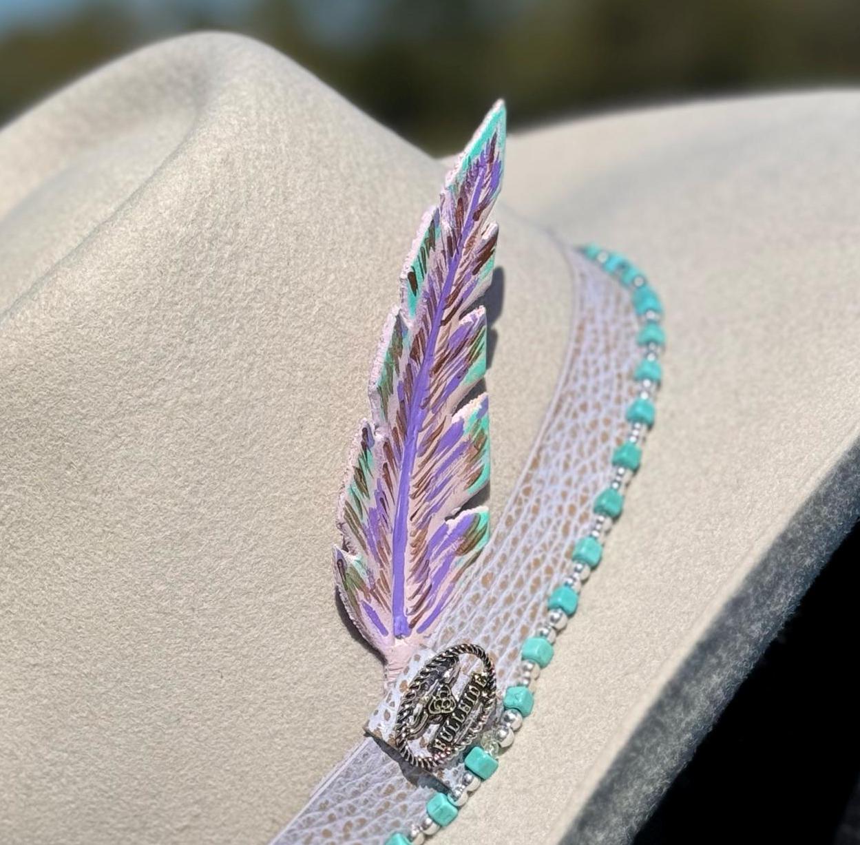 Western Fedora style Premium Wool Hat in Lavender/Purple with Turquoise & Silver Bead and Leather Hat Band Painted Leather Feather Cowgirl