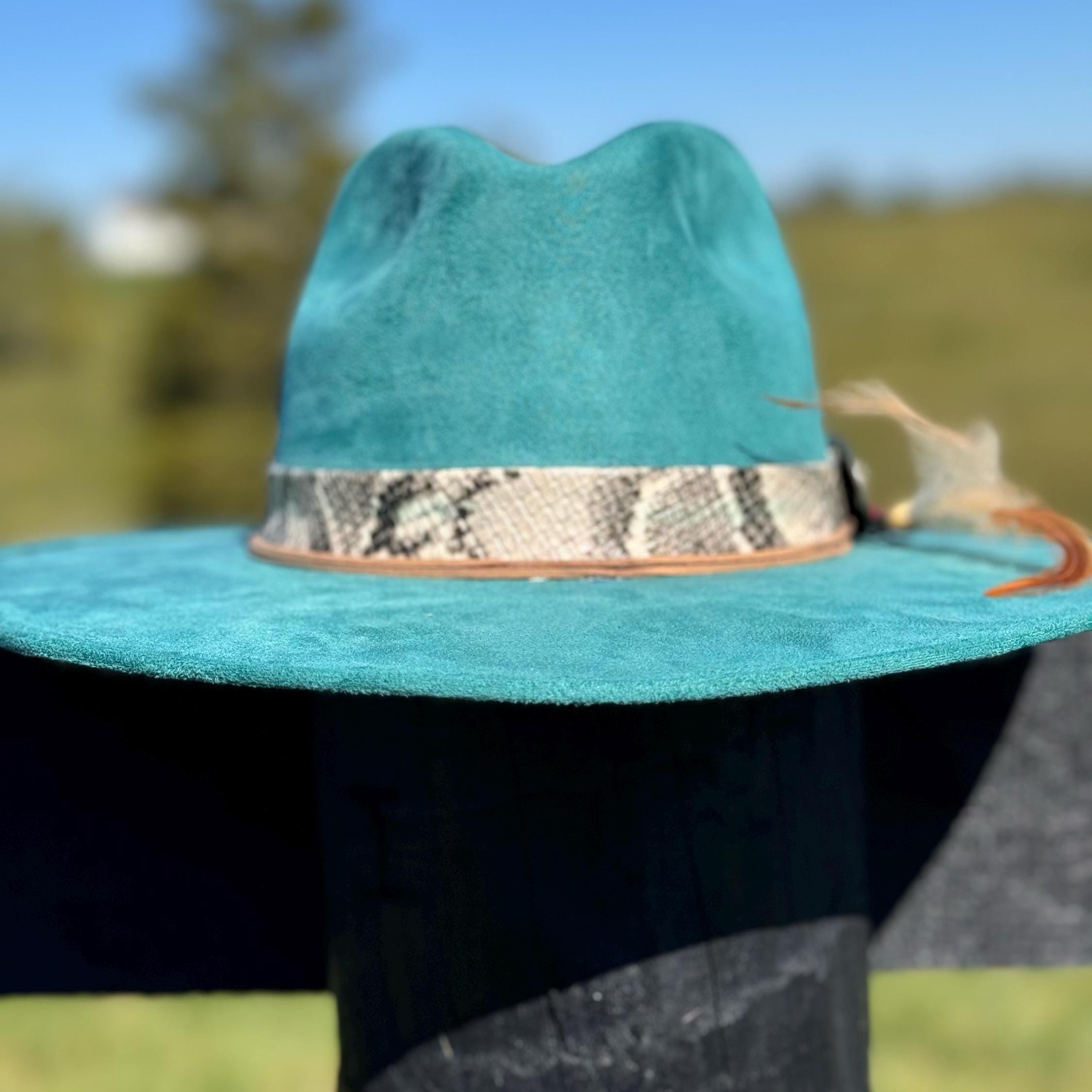 Western Fedora Flat Brim Faux Felt Hat in Turquoise with Snakskin & Leather Hat Band Beaded Feathers and Concho Cowgirl Hat