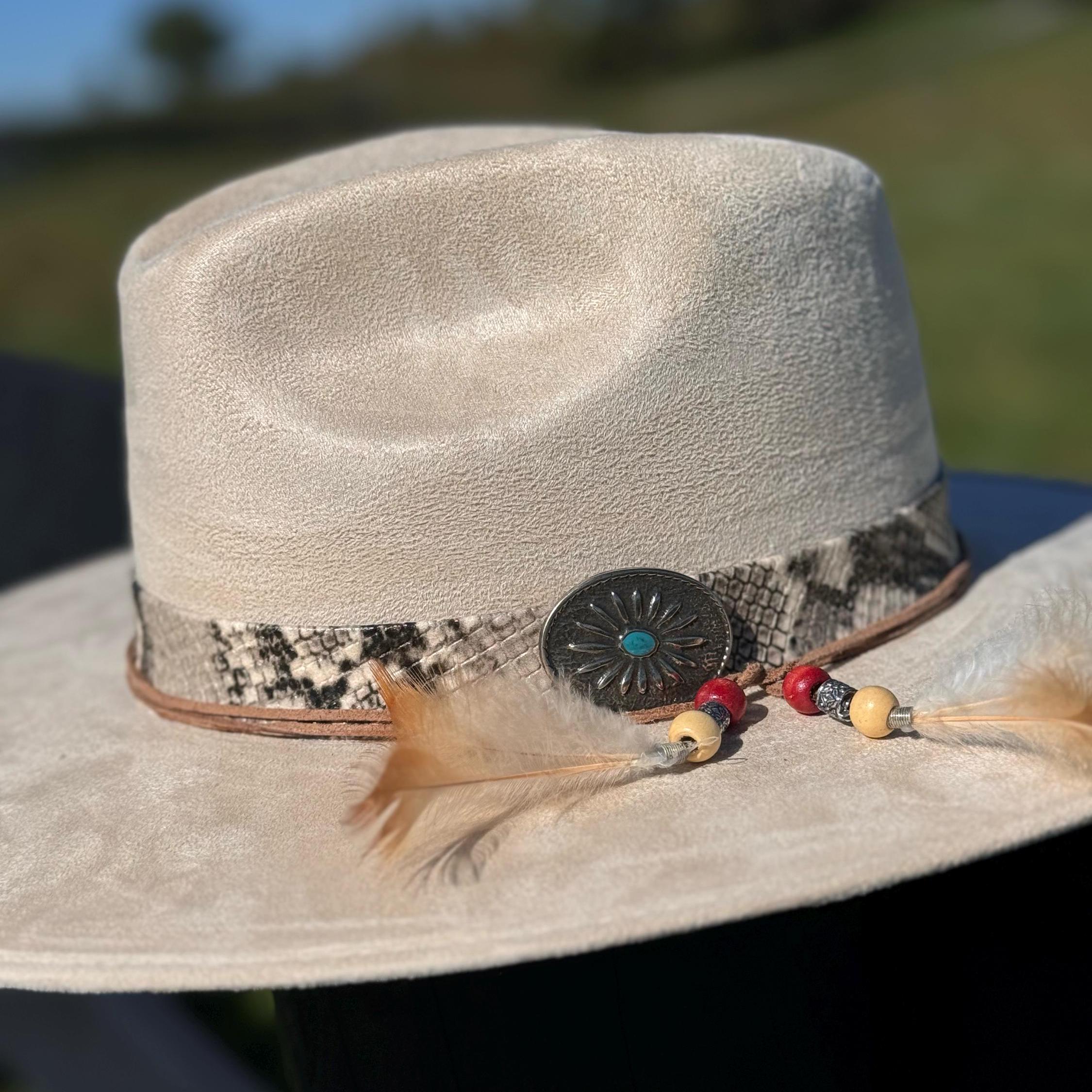 Western Fedora Flat Brim Faux Felt Hat in Buckskin with Snake skin & Leather Hat Band Beaded Feathers and Concho Cowgirl Hat