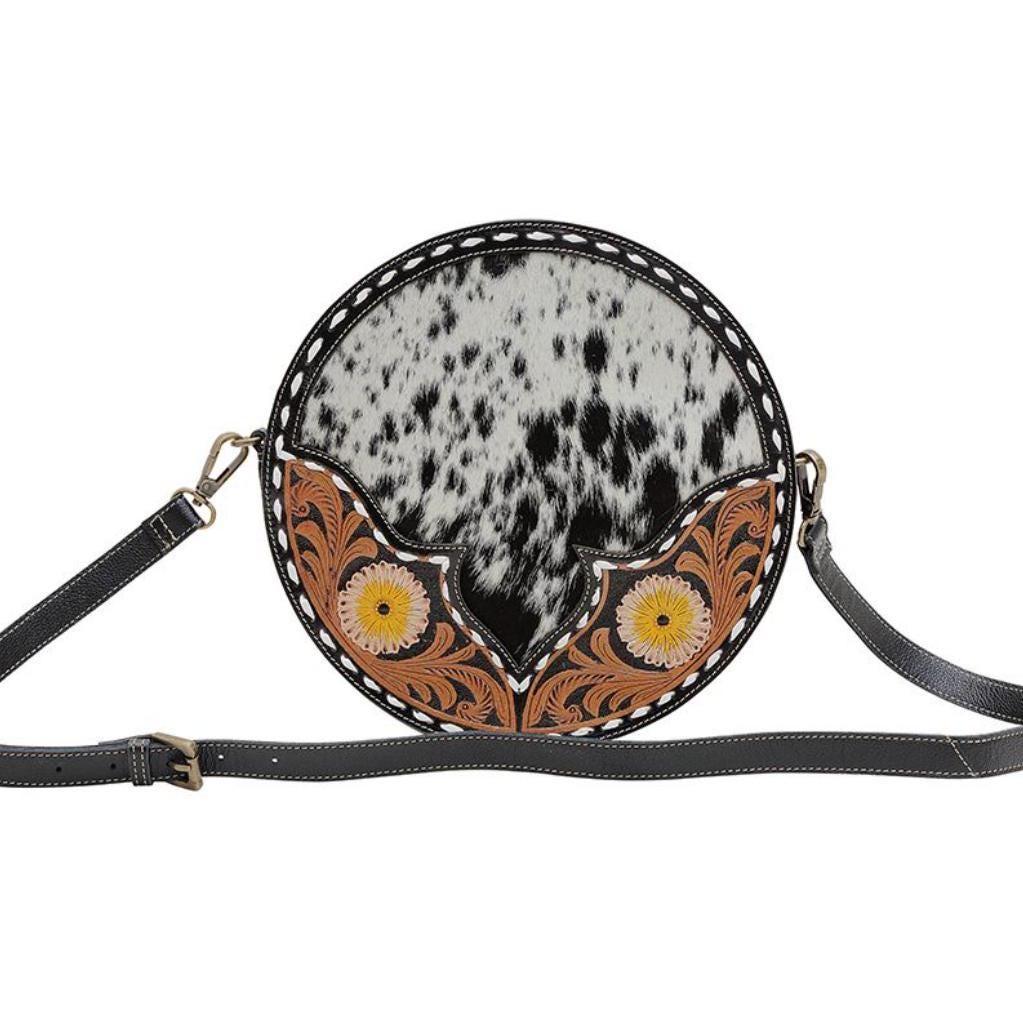 Custom branded cowhide Round Western Tooled Leather Crossbody bag