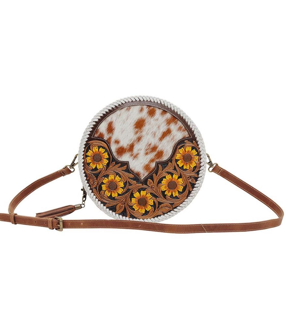 Custom Branded Cowhide tooled Leather Western Daisy with white whipstitch Round Crossbody Purse Initials Monogram Farm or Cow Brand