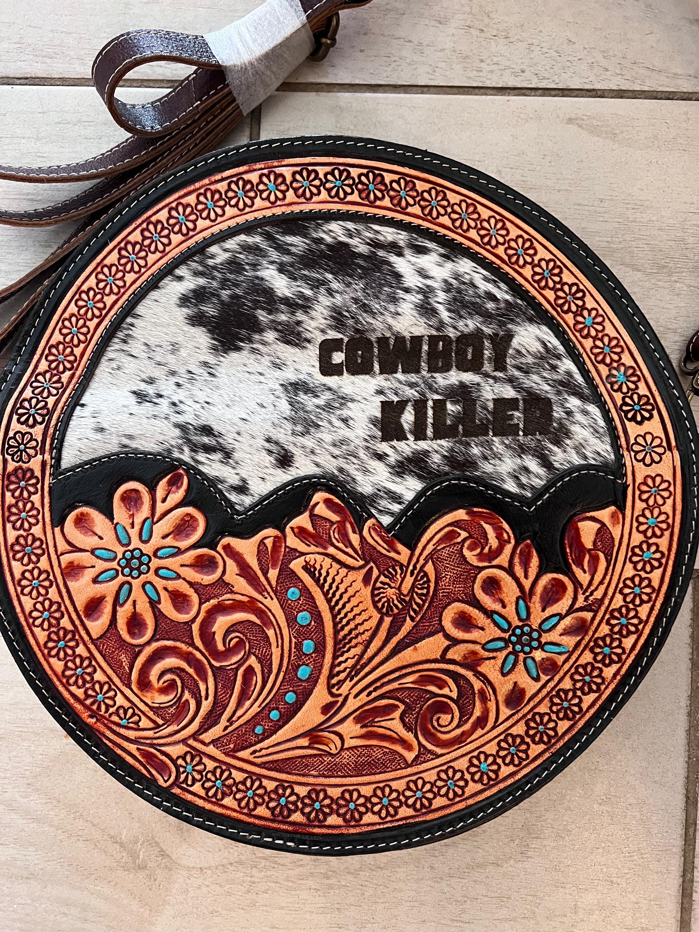 Custom Branded Cowhide & Pink Tooled Leather Western Round Canteen Style Crossbody Purse We add your farm brand, initials or logo!