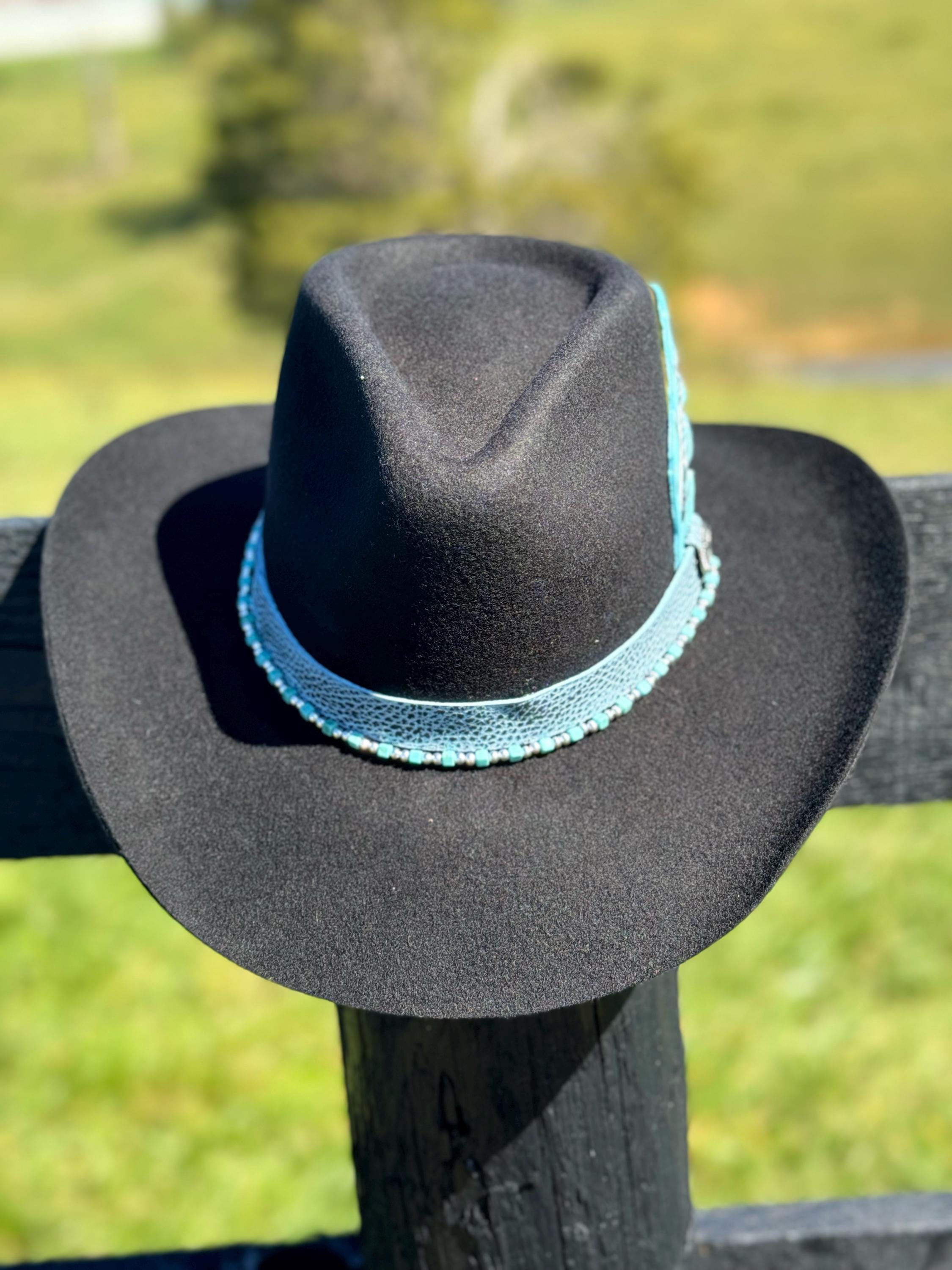 Western Fedora style Premium Wool Hat in Black with Turquoise & Silver Bead and Leather Hat Band Painted Leather Feather Cowgirl Hat