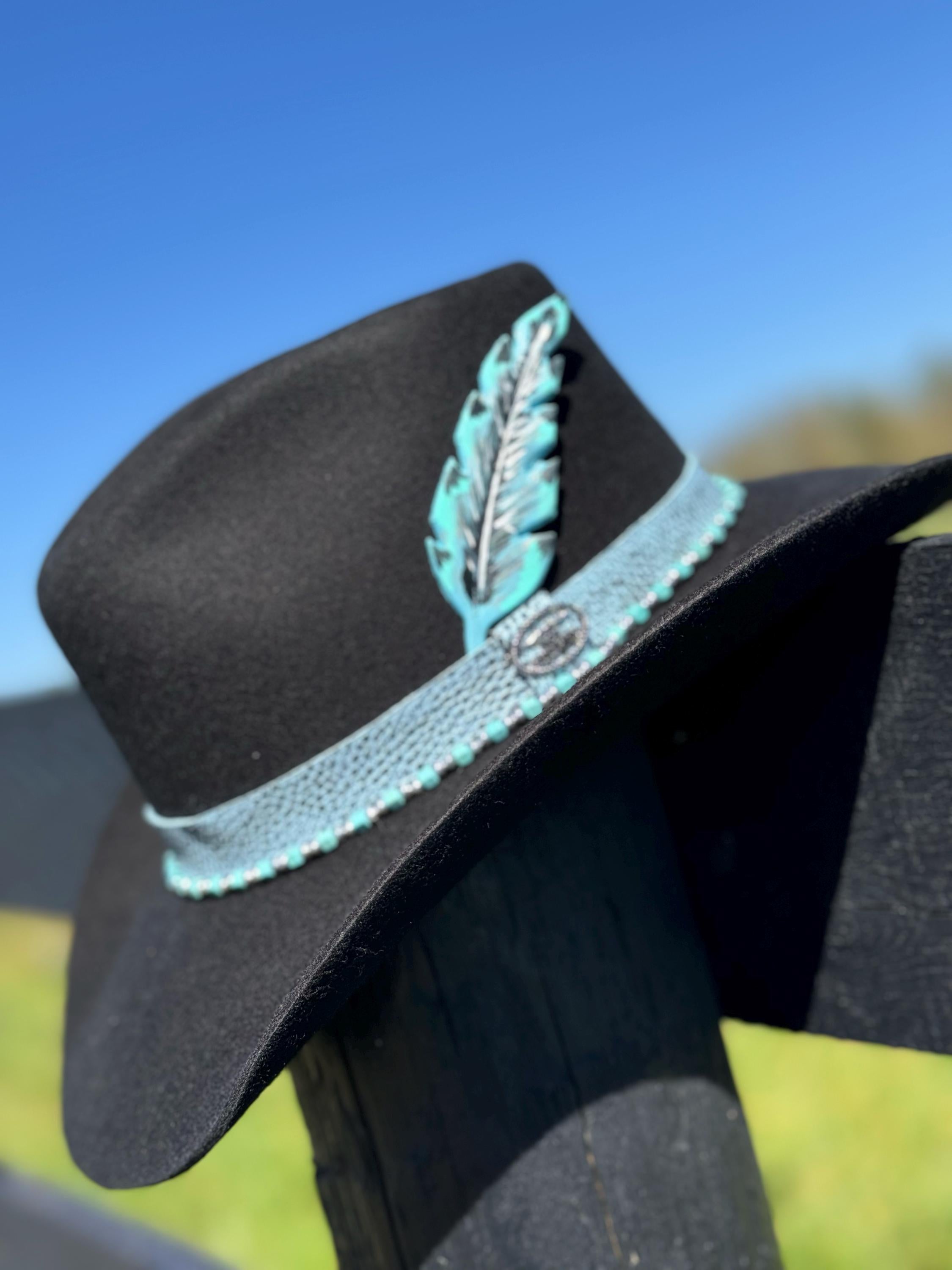 Western Fedora style Premium Wool Hat in Black with Turquoise & Silver Bead and Leather Hat Band Painted Leather Feather Cowgirl Hat