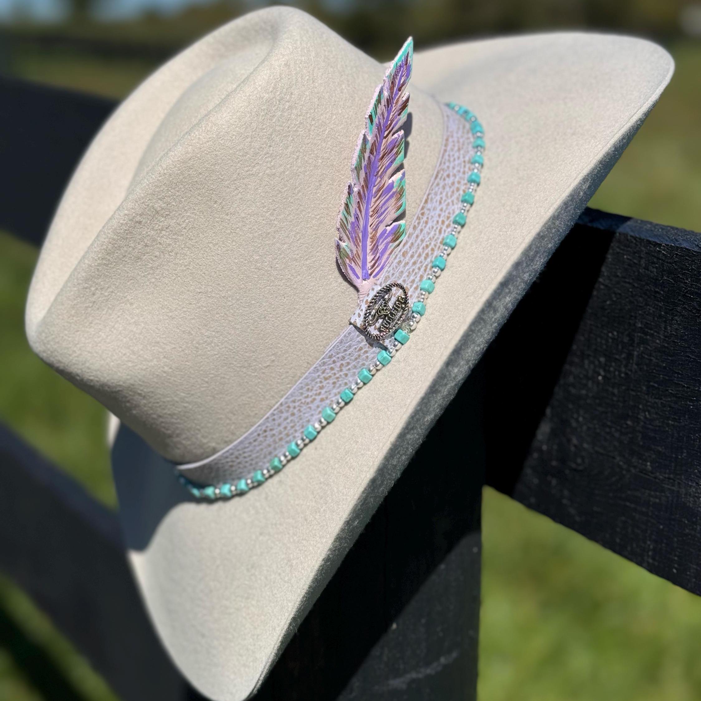 Western Fedora style Premium Wool Hat in Lavender/Purple with Turquoise & Silver Bead and Leather Hat Band Painted Leather Feather Cowgirl