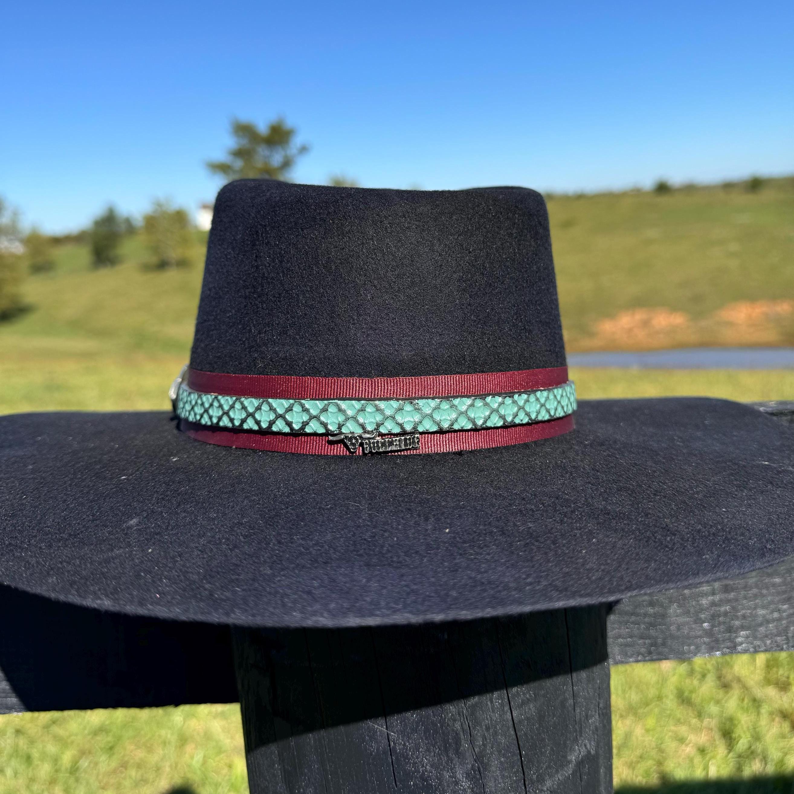 Western Fedora Style shaped Brim Felt Hat in Black with leather turquoise band, Arrowhead Concho Cowgirl Hat