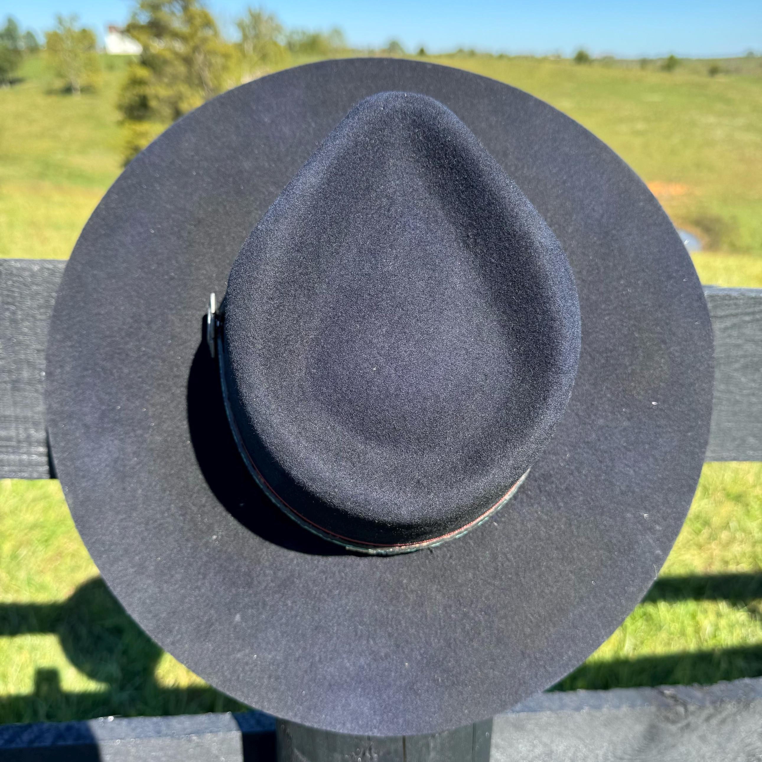 Western Fedora Style shaped Brim Felt Hat in Black with leather turquoise band, Arrowhead Concho Cowgirl Hat