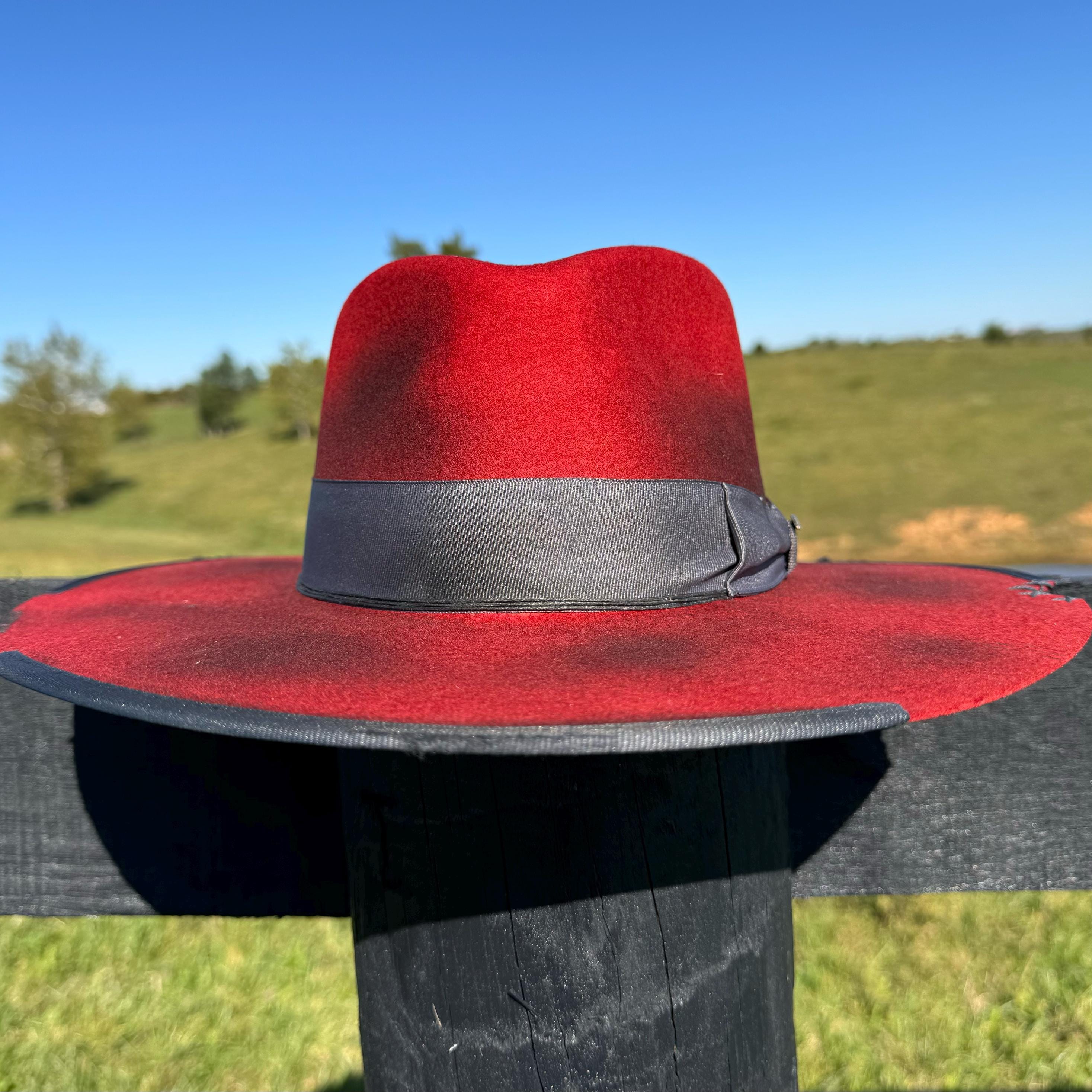 Western Flat Brim Fedora Style Cowgirl Hat Premium Wool in Distressed Burned Red Grosgrain Band and Stitching