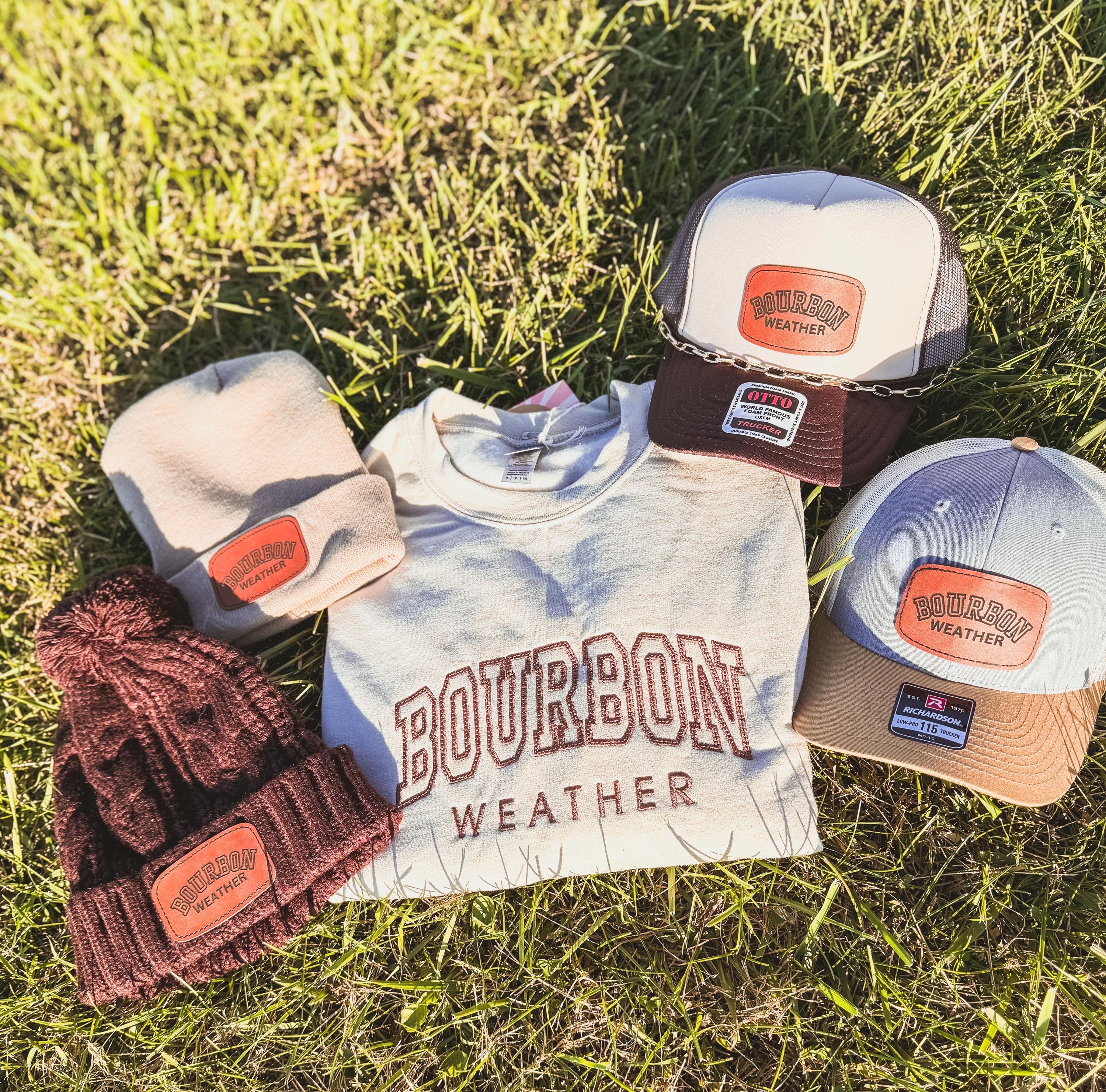 Bourbon Weather Tan Beige Toboggan Beanie Leather Patch Hat Bourbon Lover Kentucky Bourbon
