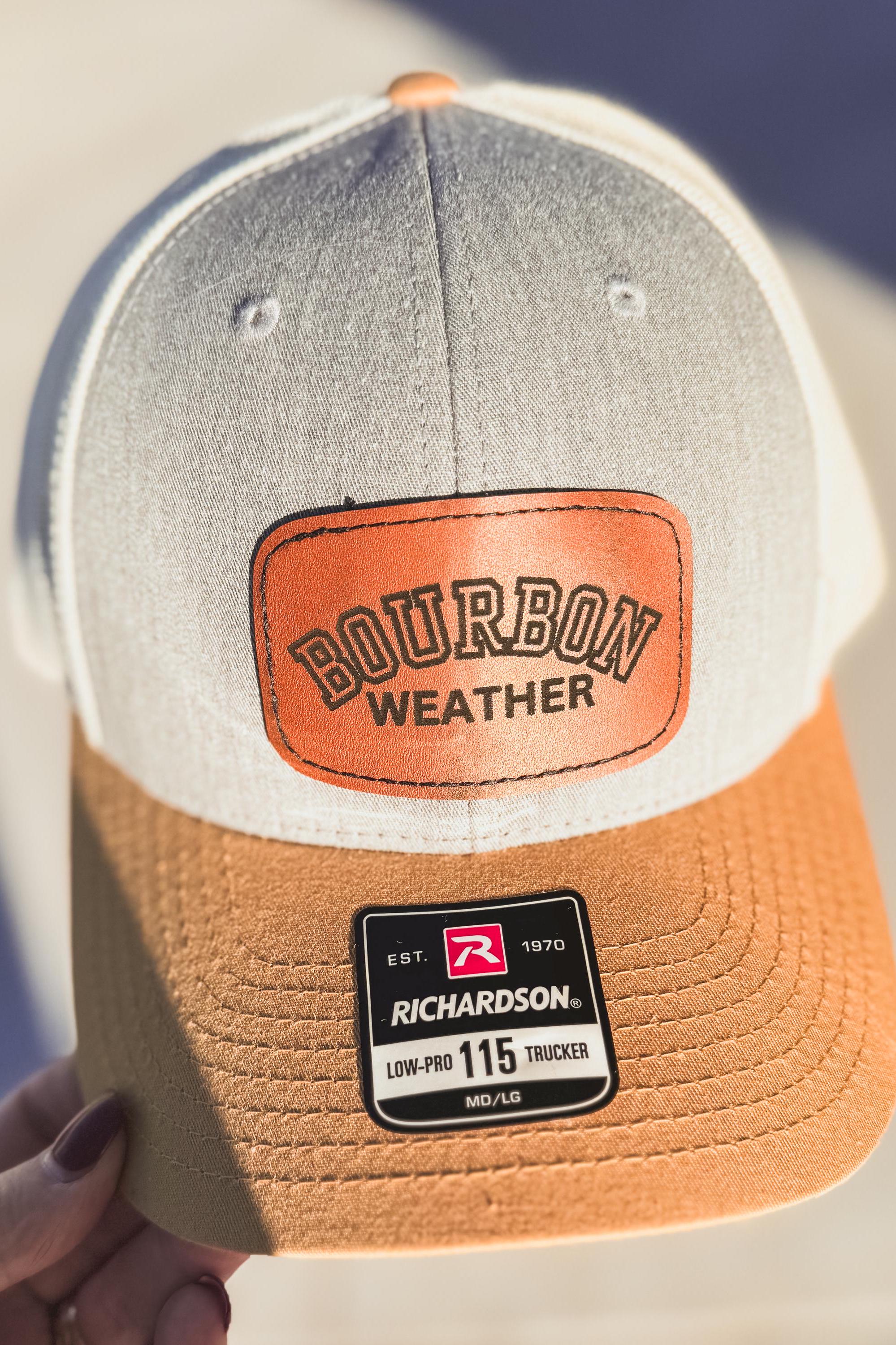 Bourbon Weather Richardson 115 Hat Tan Gray and White Hat Leather Patch Hat Cap Mens Gift Bourbon Lover Kentucky Bourbon