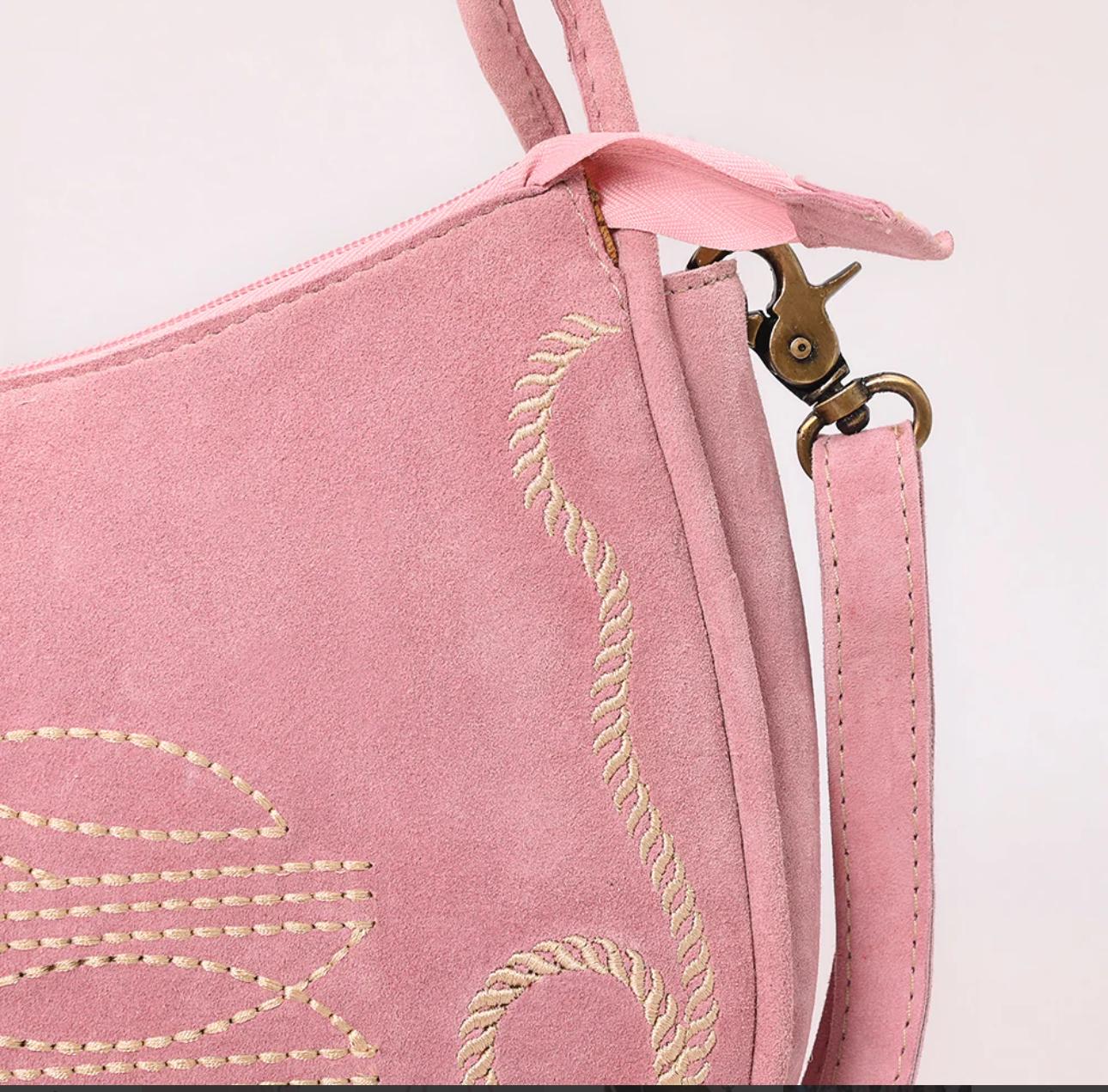Pink Suede Boot Stitch Western Style Clutch Purse Gifts For Her