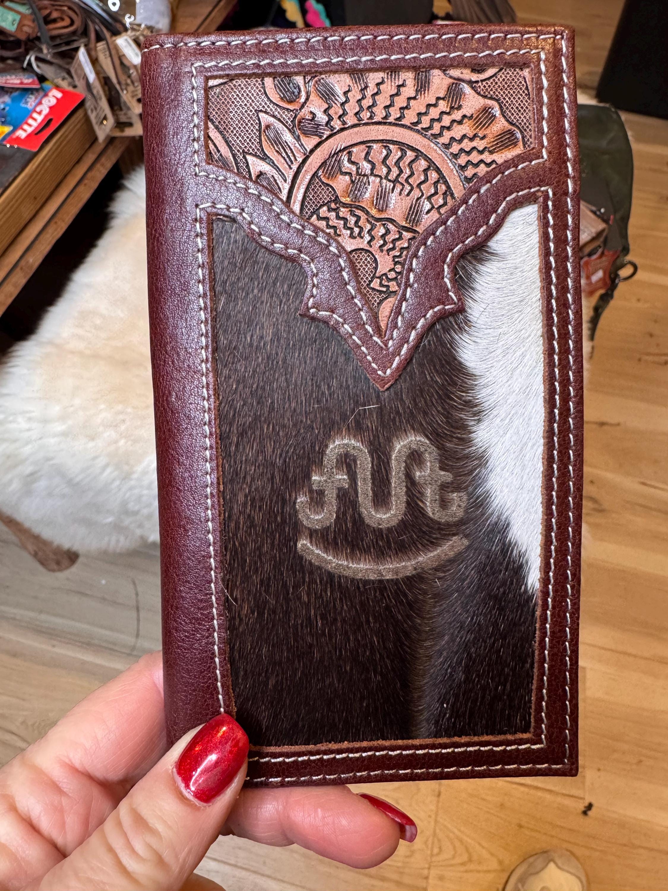 Tooled Leather & Cowhide Men's Women's Checkbook Style Wallet, Customizable with your Farm Brand, Logo Initials Western Wallet Gifts for Men