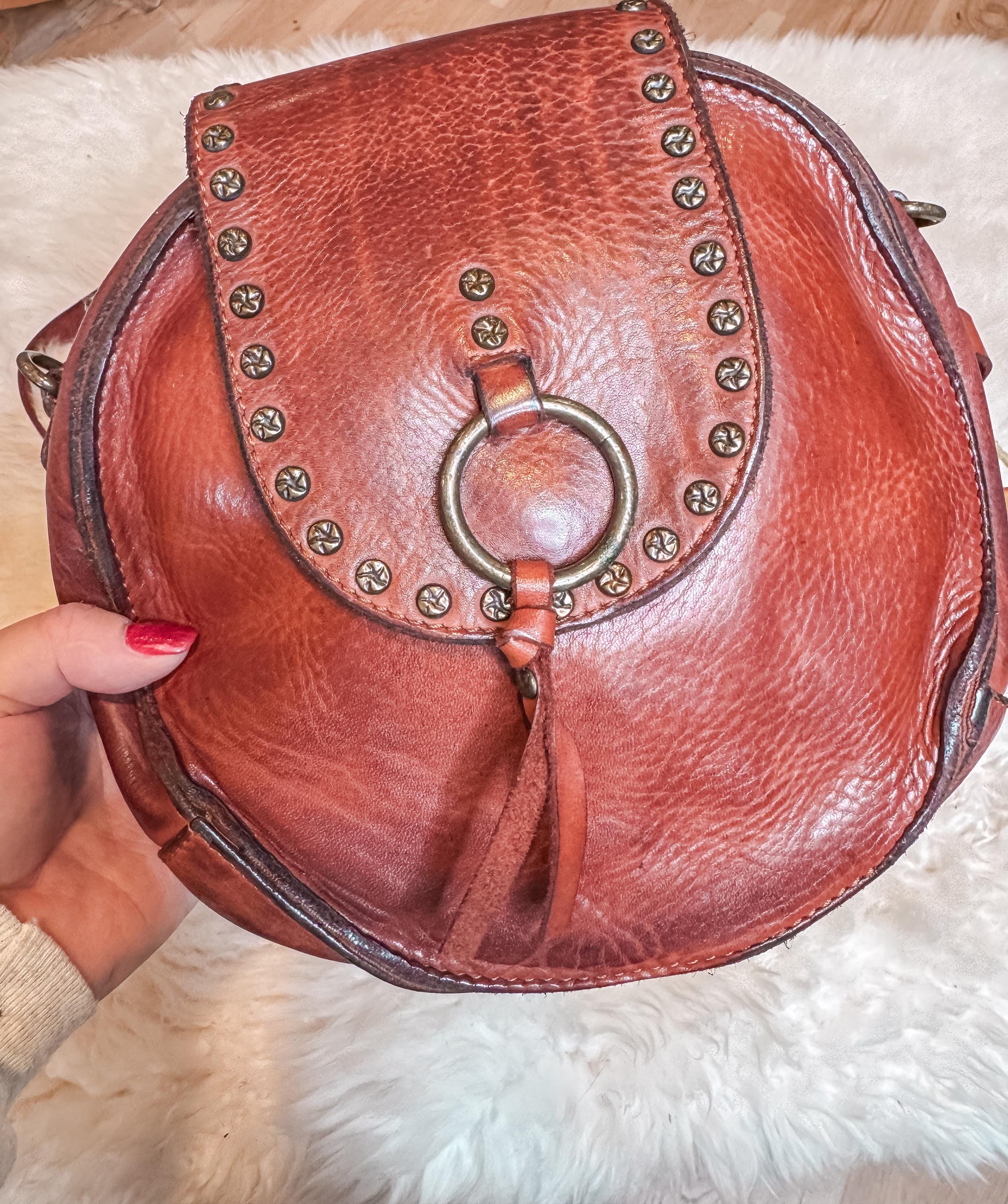 Soft Leather Trendy Round Canteen Purse, Studded Crossbody Purse, Shoulder Bag, Western Style, Personalized with Name Initials or Farm Brand