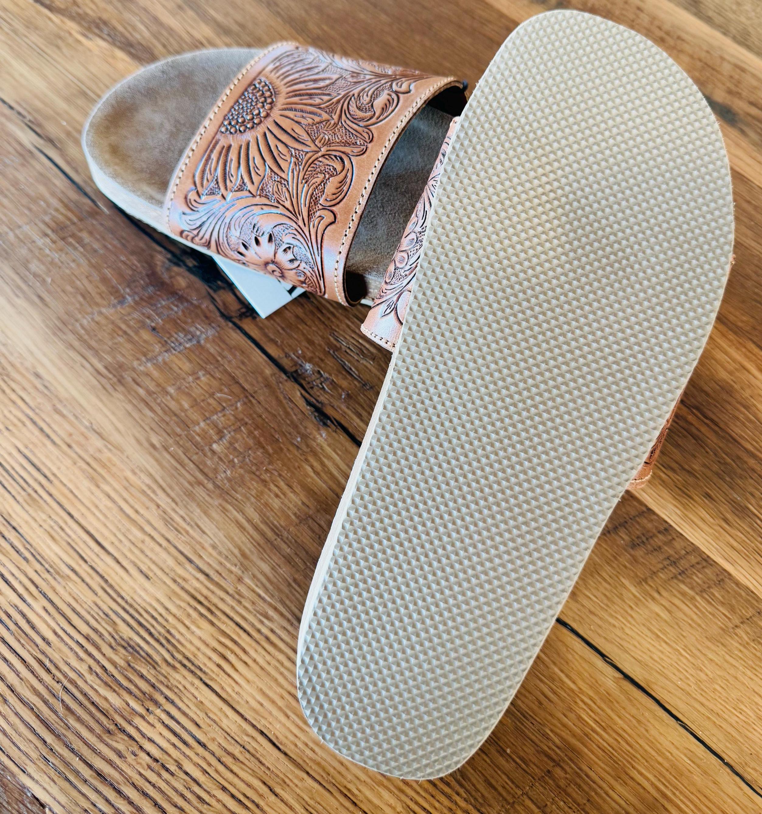 Sunflower Tooled Leather Slide sandals with cork sole Western sandals, Western Slides, Summer Shoes Western Accessories Cowgirl Shoes