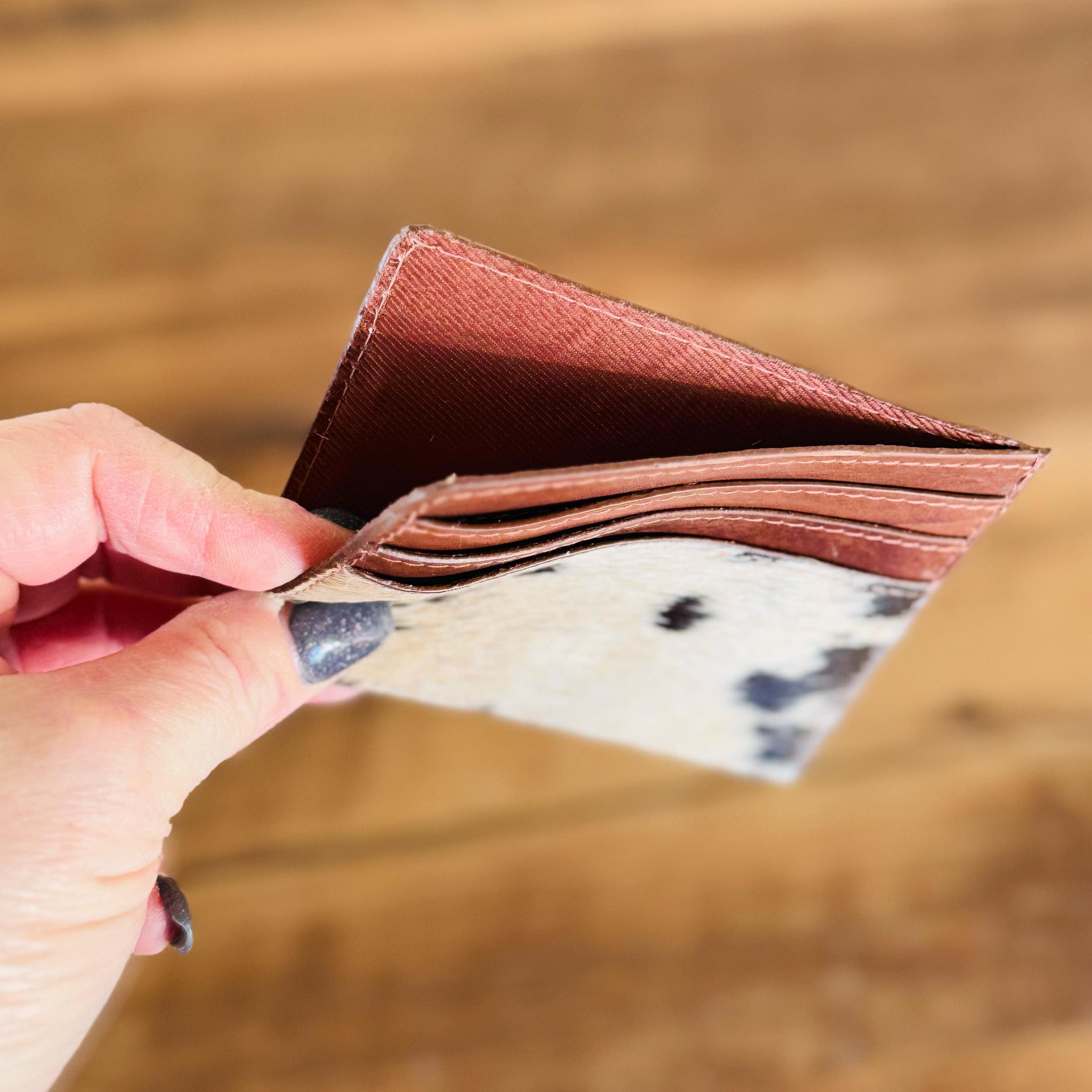 Customizable Leather & Cowhide Wristlet Wallet with Card and Cash Slots Small Purse Western Wallet Personalized Gift Gifts for Him